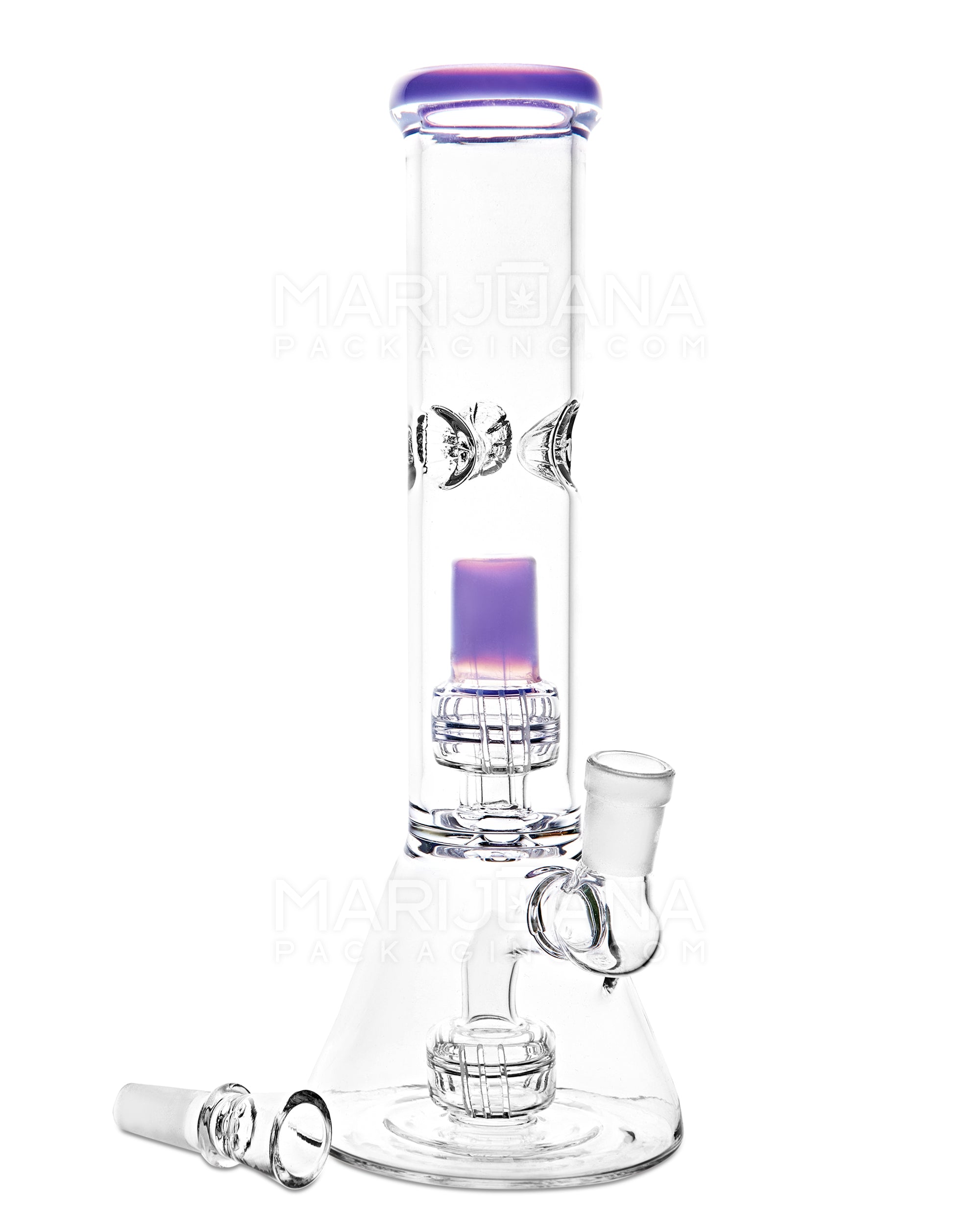 Double Chamber | Straight Neck Showerhead Perc Glass Beaker Water Pipe w/ Ice Catcher | 8.5in Tall - 14mm Bowl - Purple - 2