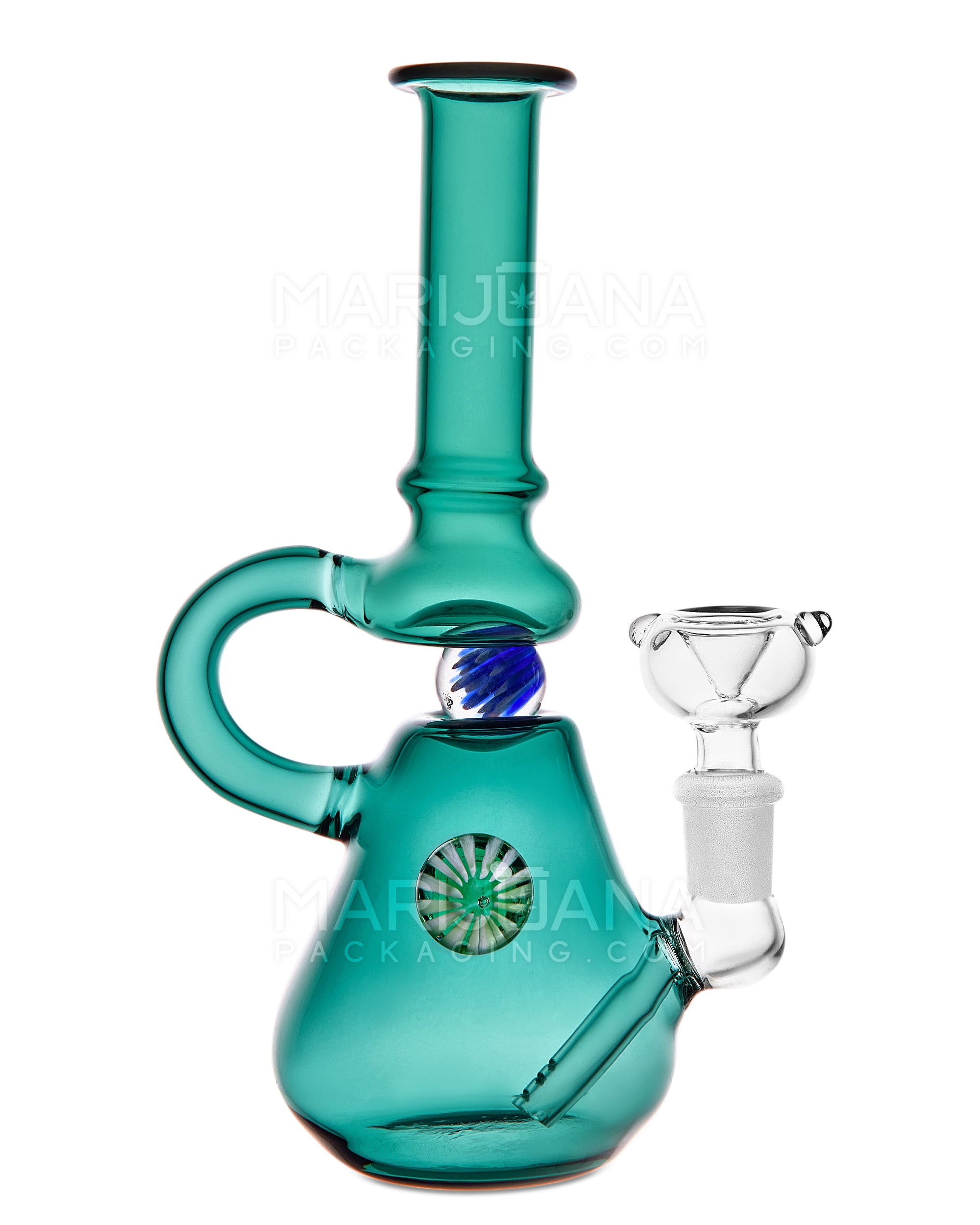 U-Neck Diffused Perc Glass Beaker Water Pipe w/ Rotating Implosion Marble | 8in Tall - 14mm Bowl - Teal - 1