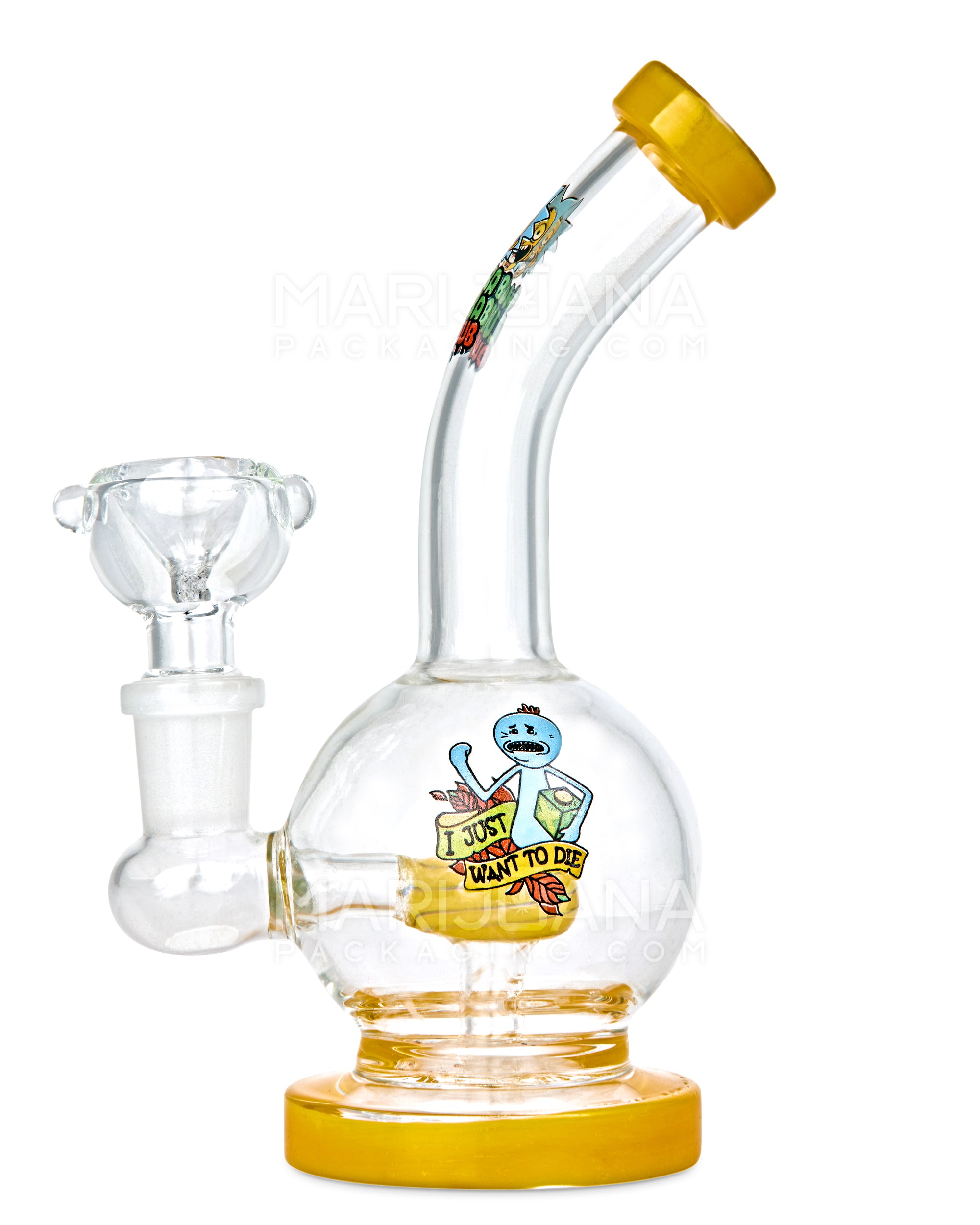 Bent Neck Circ Perc Decal Glass Straight Water Pipe w/ Thick Base | 6in Tall - 14mm Bowl - Assorted - 6