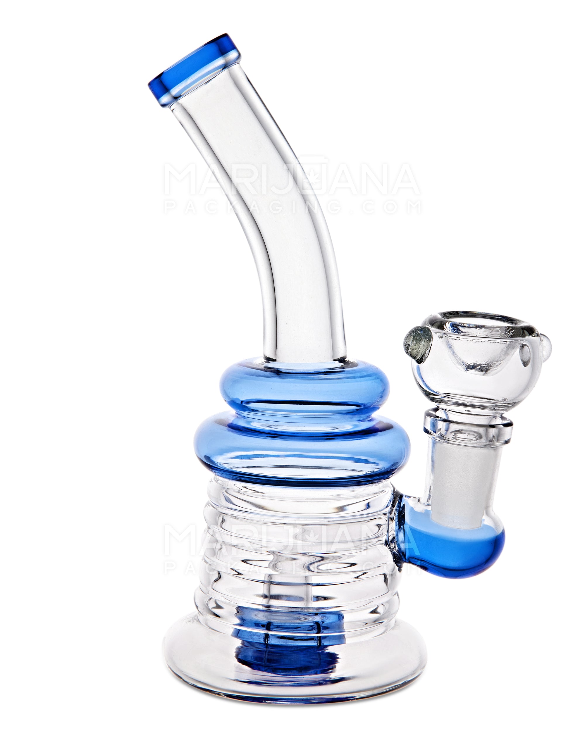Bent Neck Showerhead Perc Ribbed Glass Water Pipe | 6in Tall - 14mm Bowl - Blue - 1