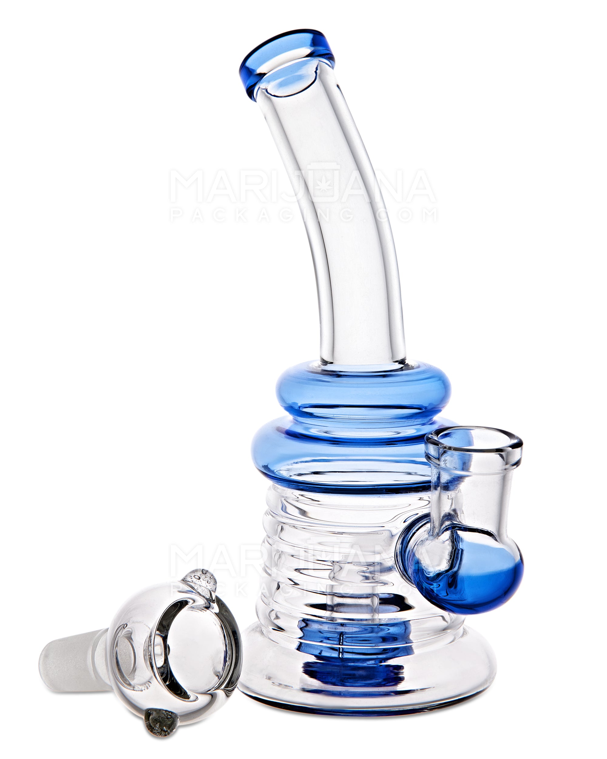 Bent Neck Showerhead Perc Ribbed Glass Water Pipe | 6in Tall - 14mm Bowl - Blue - 2