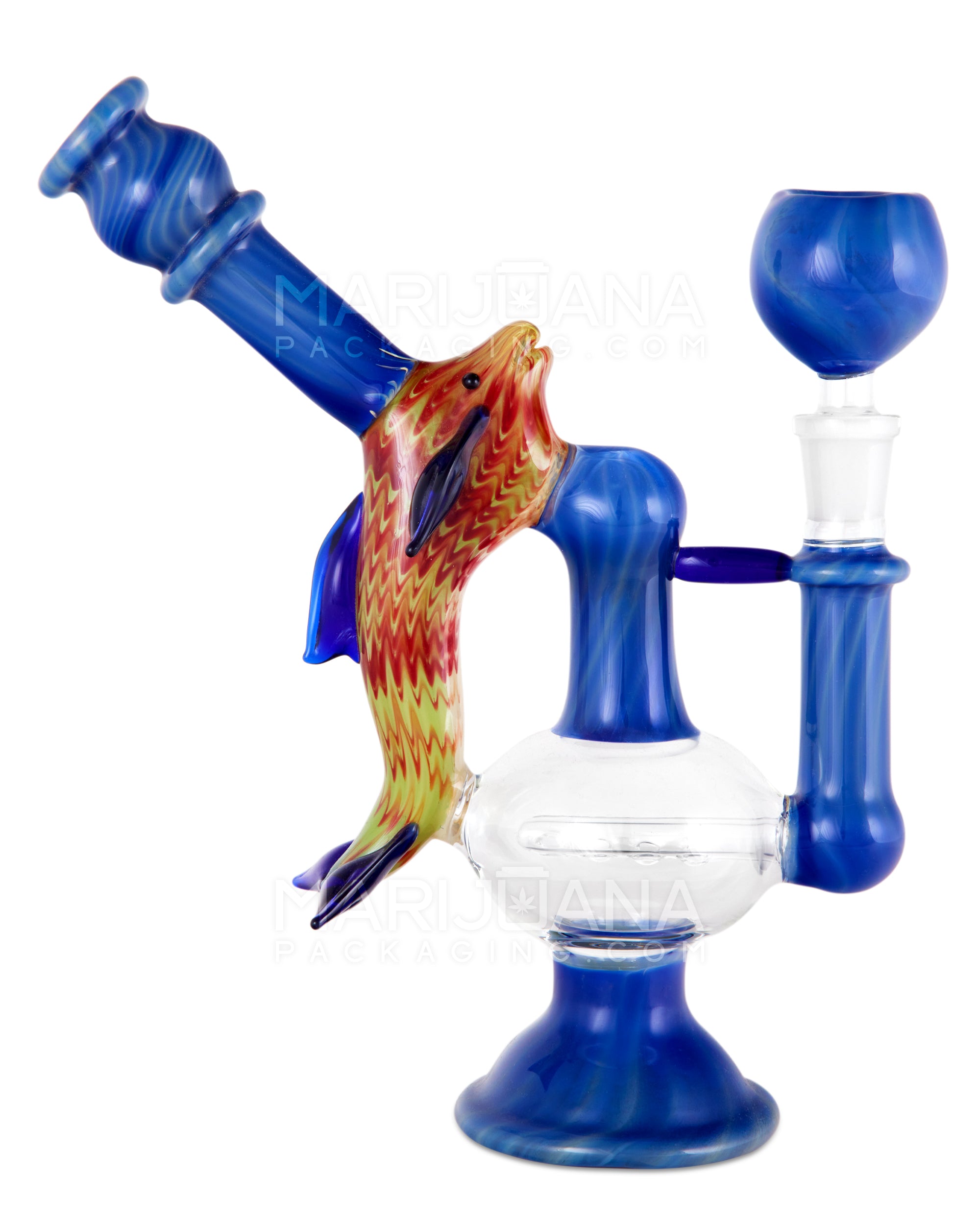 Heady | Angled Neck Inline Perc Raked & Color Pull Glass Dolphin Water Pipe | 7.5in Tall - 14mm Bowl - Assorted - 1