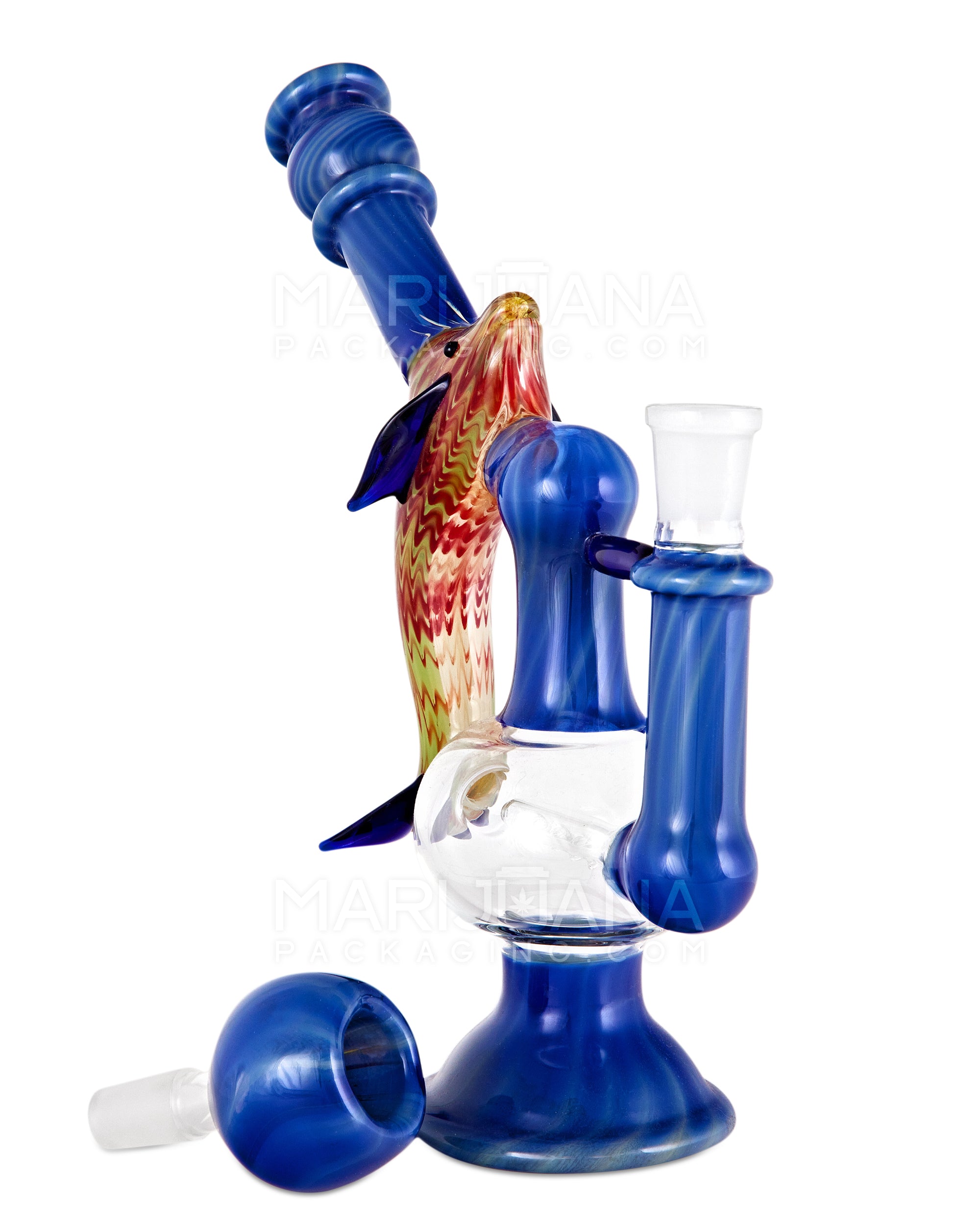 Heady | Angled Neck Inline Perc Raked & Color Pull Glass Dolphin Water Pipe | 7.5in Tall - 14mm Bowl - Assorted - 3