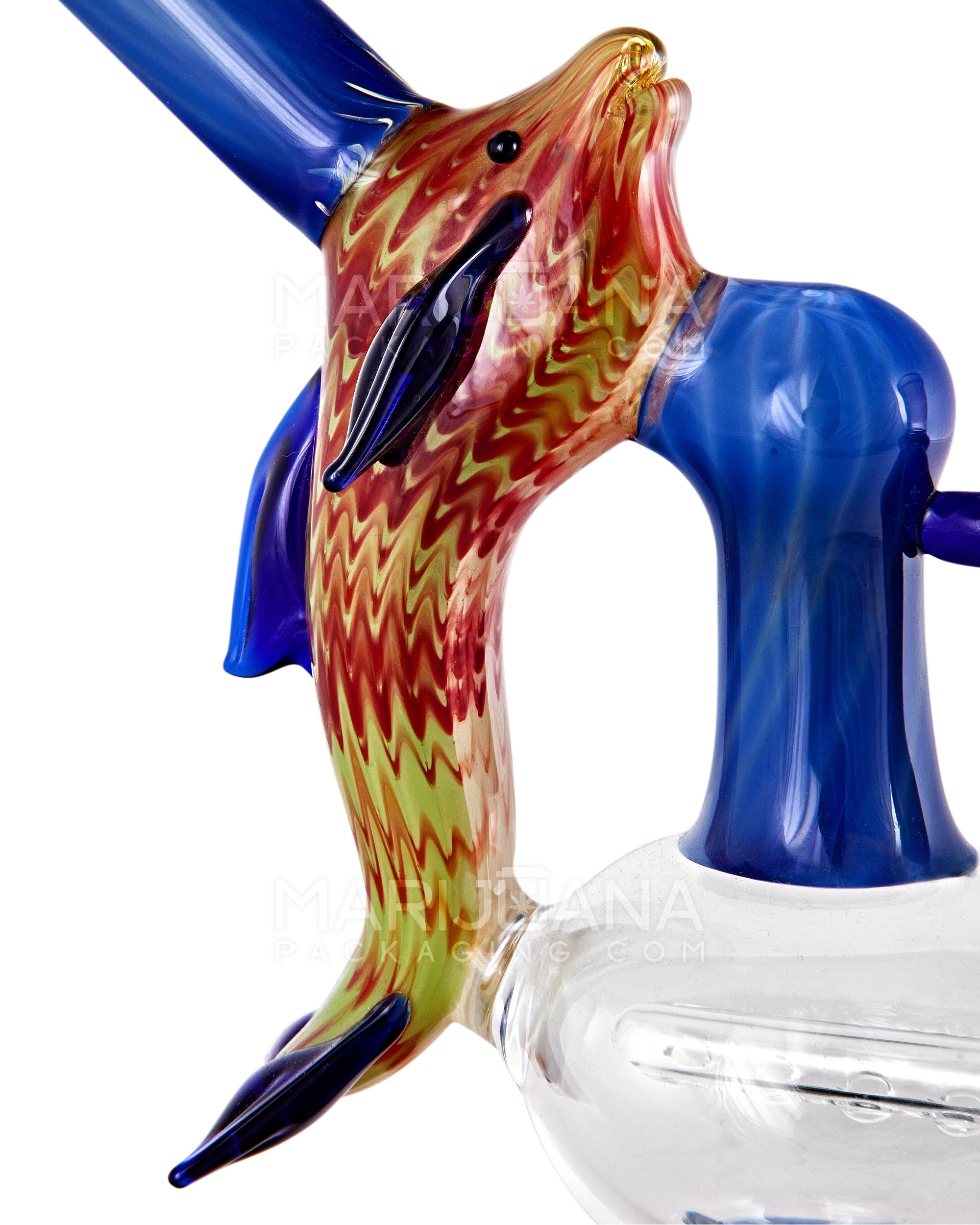 Heady | Angled Neck Inline Perc Raked & Color Pull Glass Dolphin Water Pipe | 7.5in Tall - 14mm Bowl - Assorted - 4