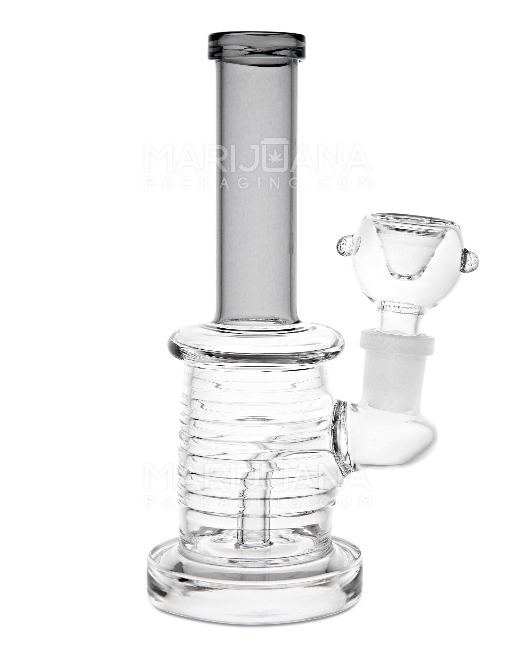 Straight Neck Ribbed Glass Water Pipe w/ Thick Base | 6in Tall - 14mm Bowl - Smoke - 1