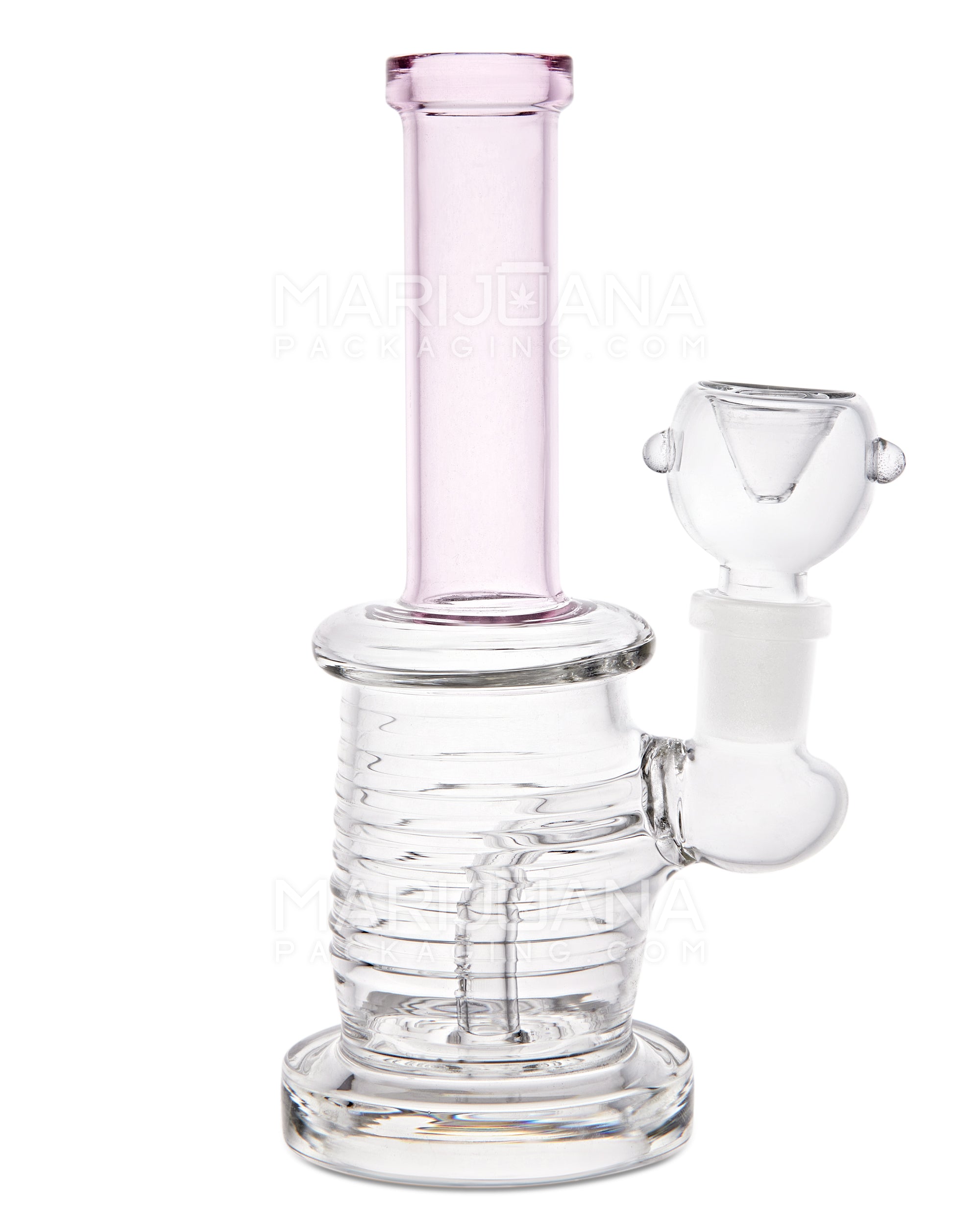 Straight Neck Ribbed Glass Water Pipe w/ Thick Base | 6in Tall - 14mm Bowl - Pink - 1