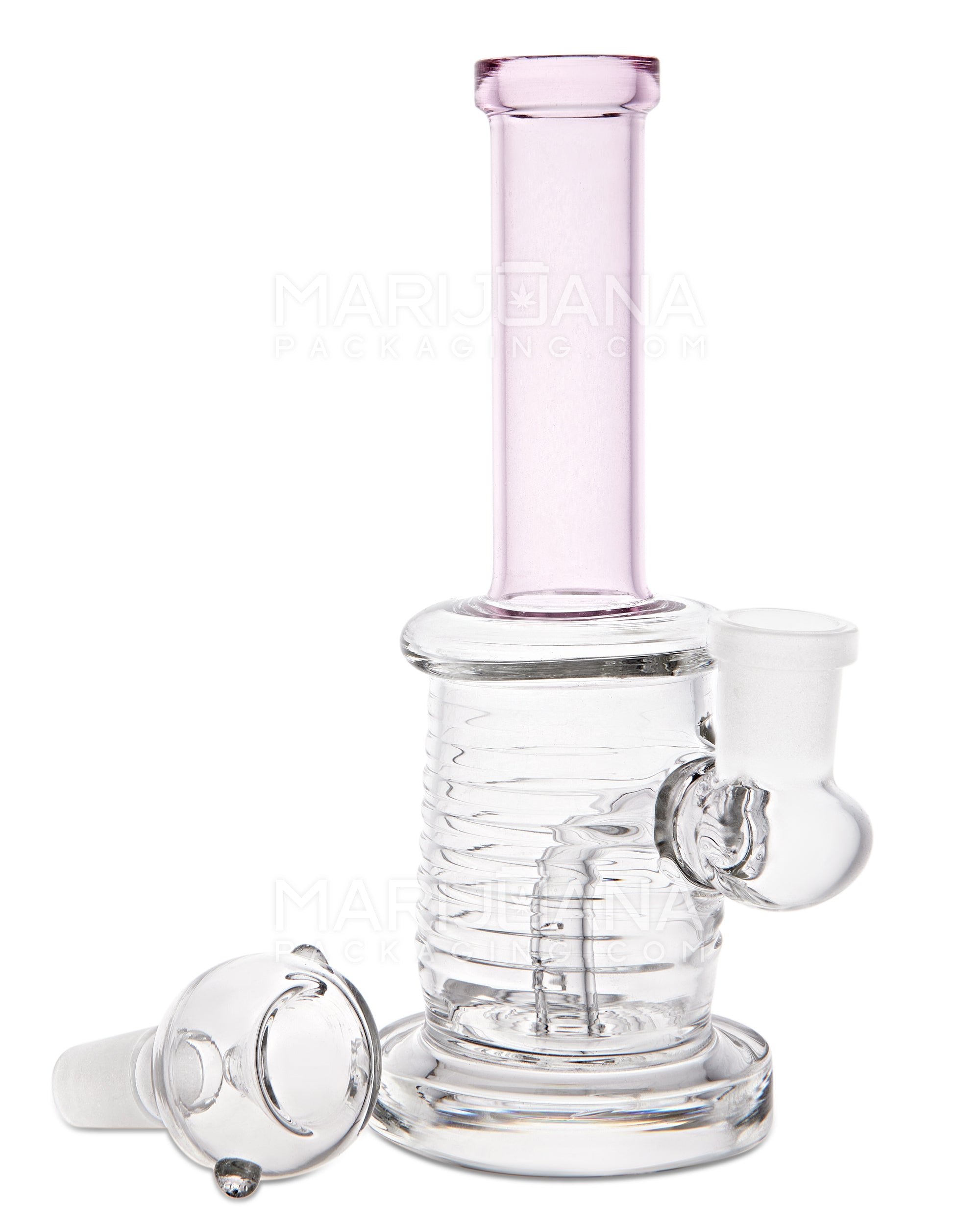 Straight Neck Ribbed Glass Water Pipe w/ Thick Base | 6in Tall - 14mm Bowl - Pink - 2