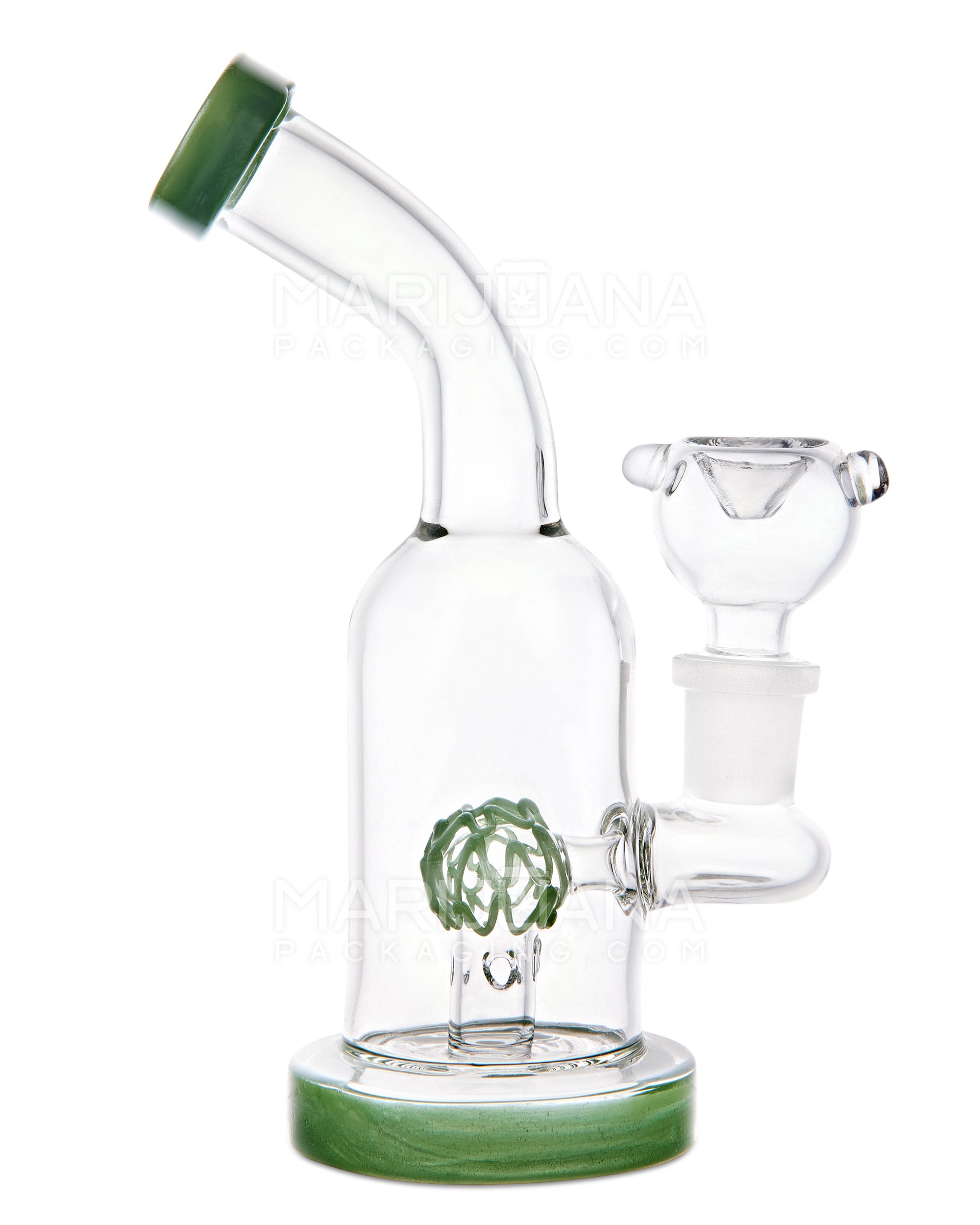 Bent Neck Swirl Orb Perc Glass Water Pipe w/ Thick Base | 6in Tall - 14mm Bowl - Green - 1