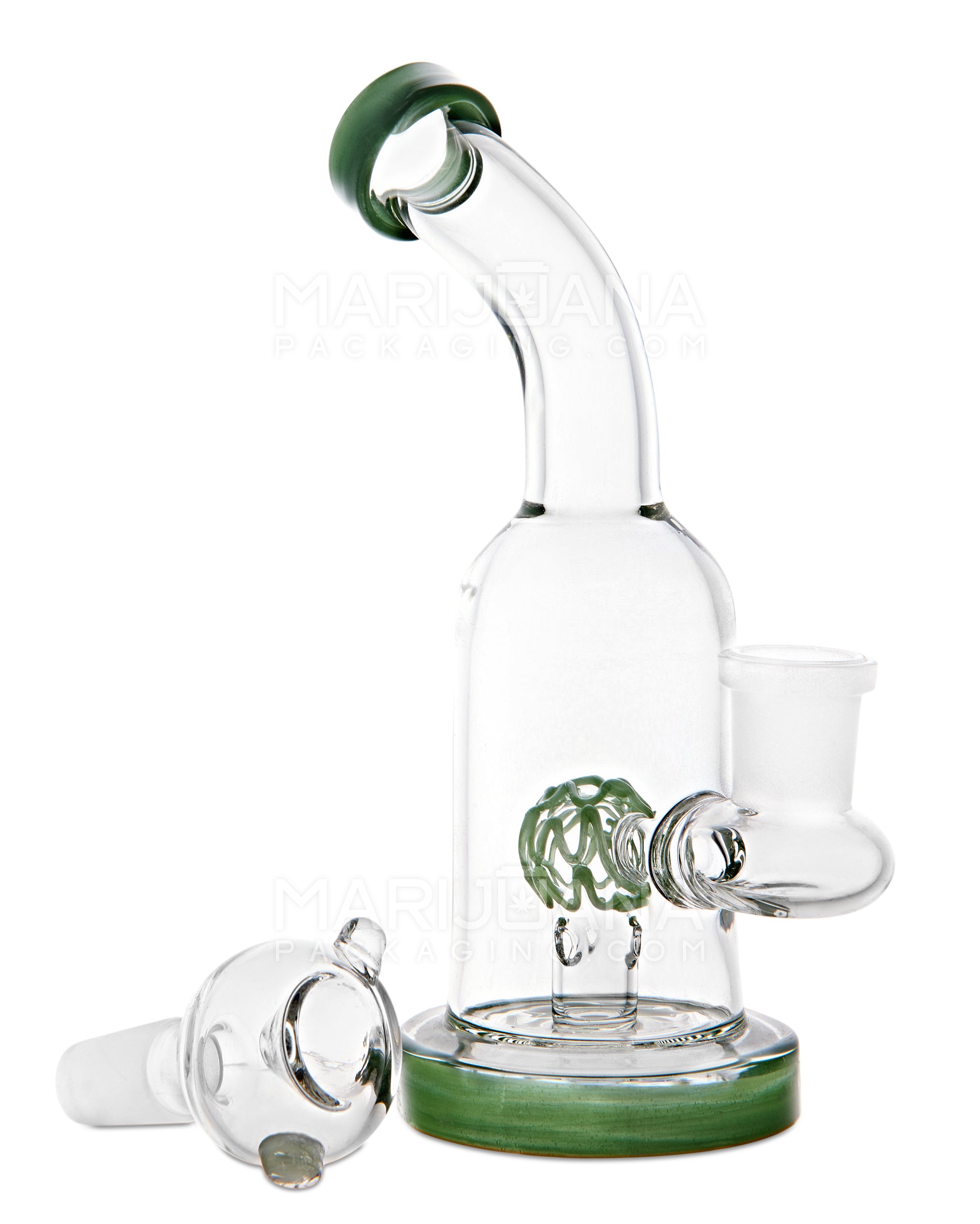 Bent Neck Swirl Orb Perc Glass Water Pipe w/ Thick Base | 6in Tall - 14mm Bowl - Green - 2