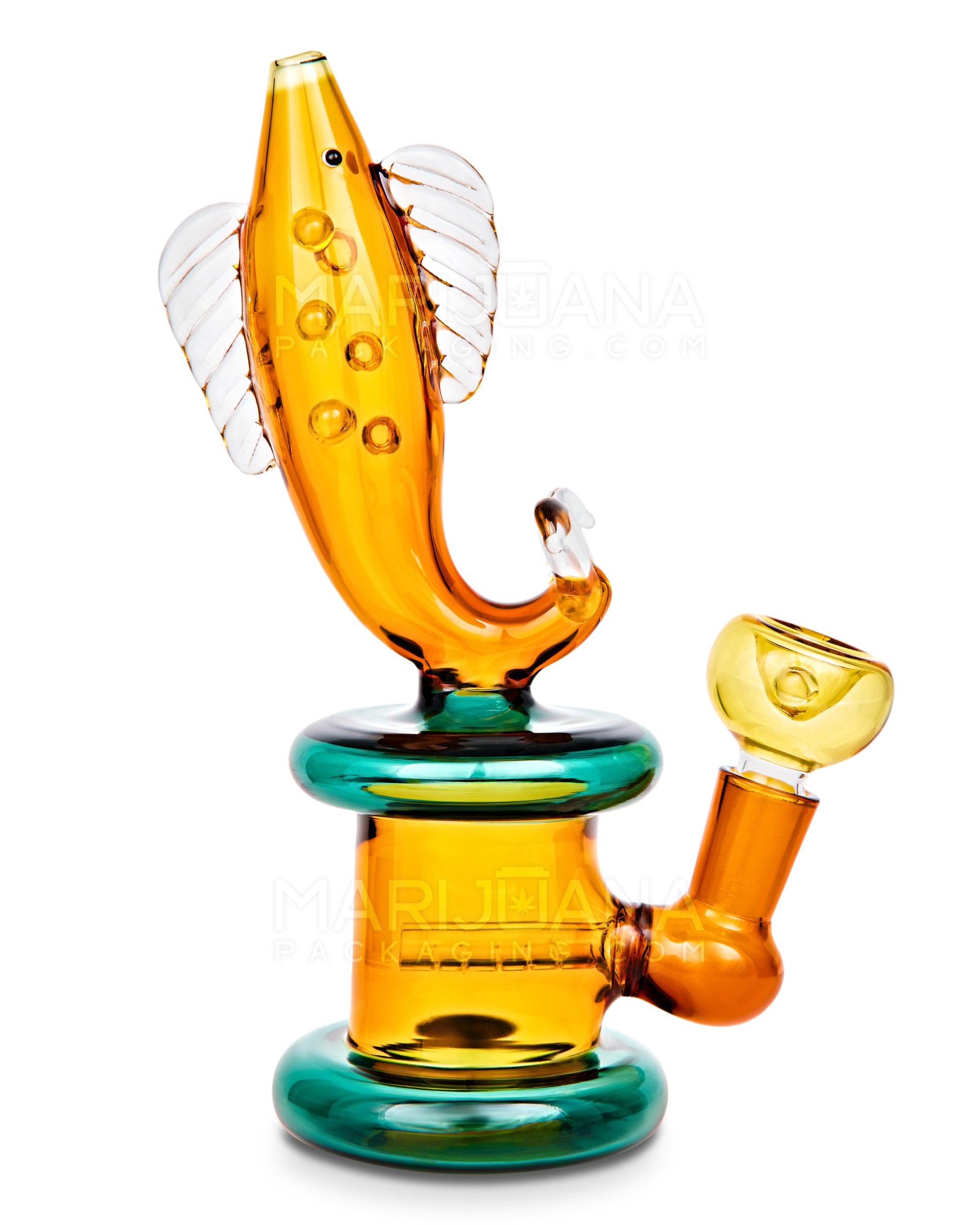 Fish Neck Inline Perc Glass Water Pipe w/ Thick Base | 7.5in Tall - 14mm Bowl - Amber - 1