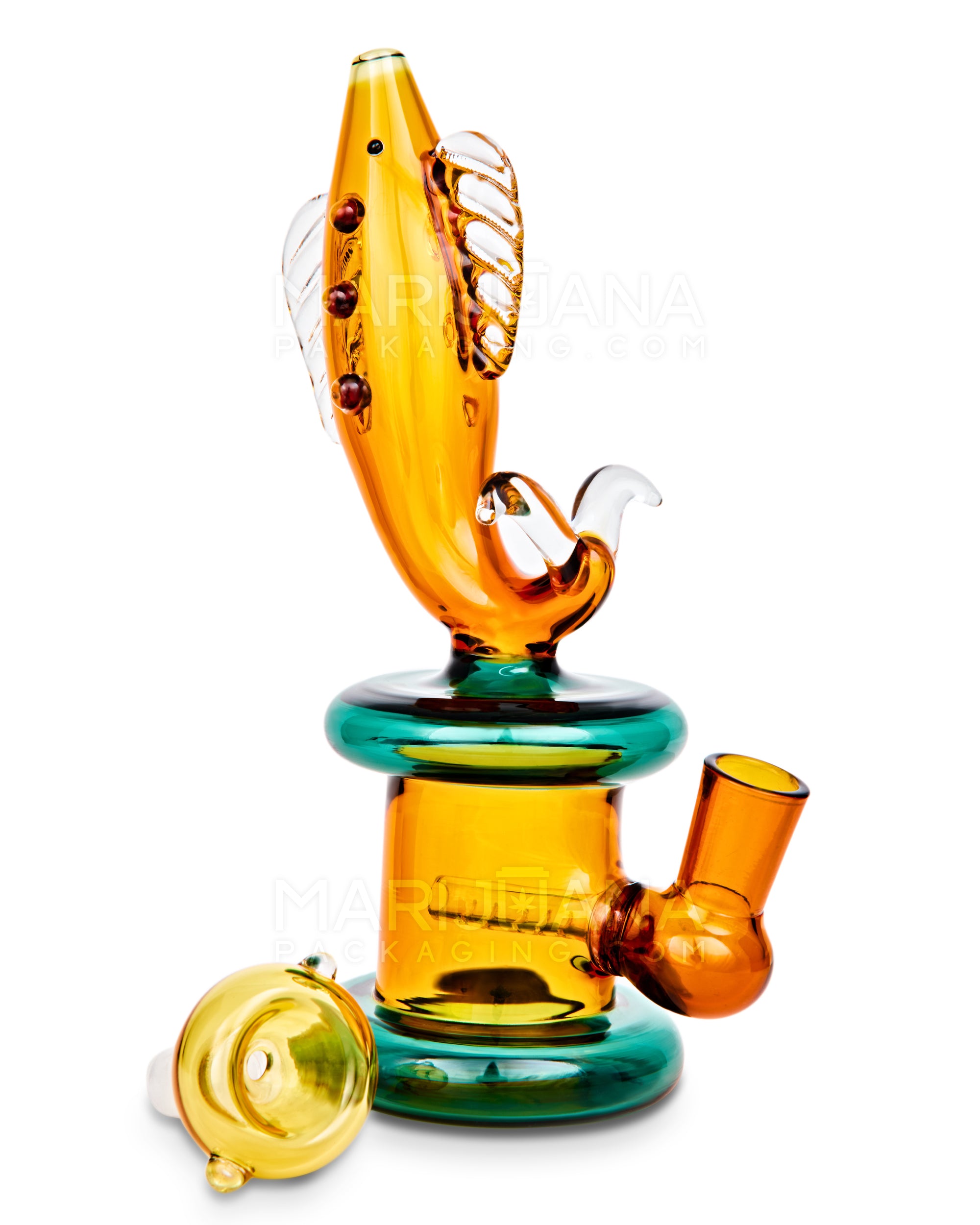 Fish Neck Inline Perc Glass Water Pipe w/ Thick Base | 7.5in Tall - 14mm Bowl - Amber - 2