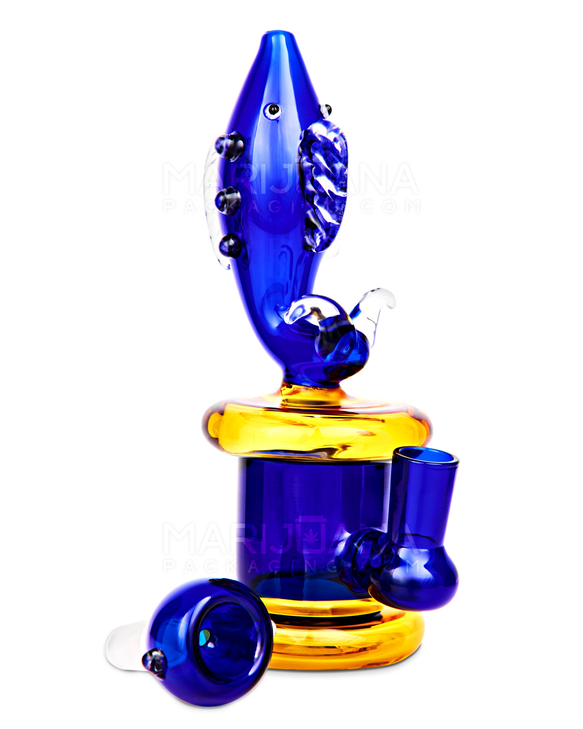 Fish Neck Inline Perc Glass Water Pipe w/ Thick Base | 7.5in Tall - 14mm Bowl - Blue - 2