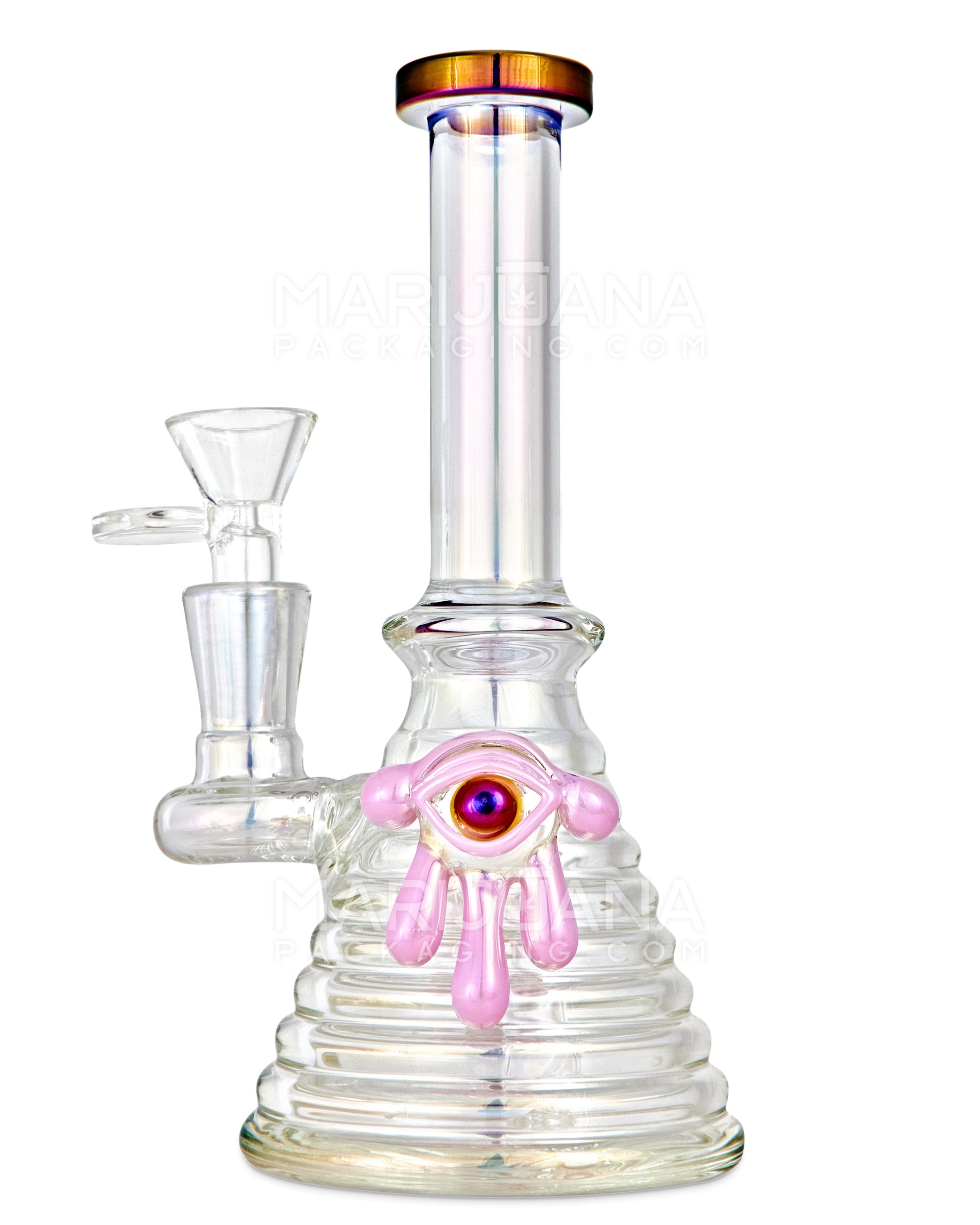 Straight Neck Diffused Perc Glass Ribbed Beaker Water Pipe w/ Pink Evil Eye | 7.5in Tall - 14mm Bowl - Iridescent - 1