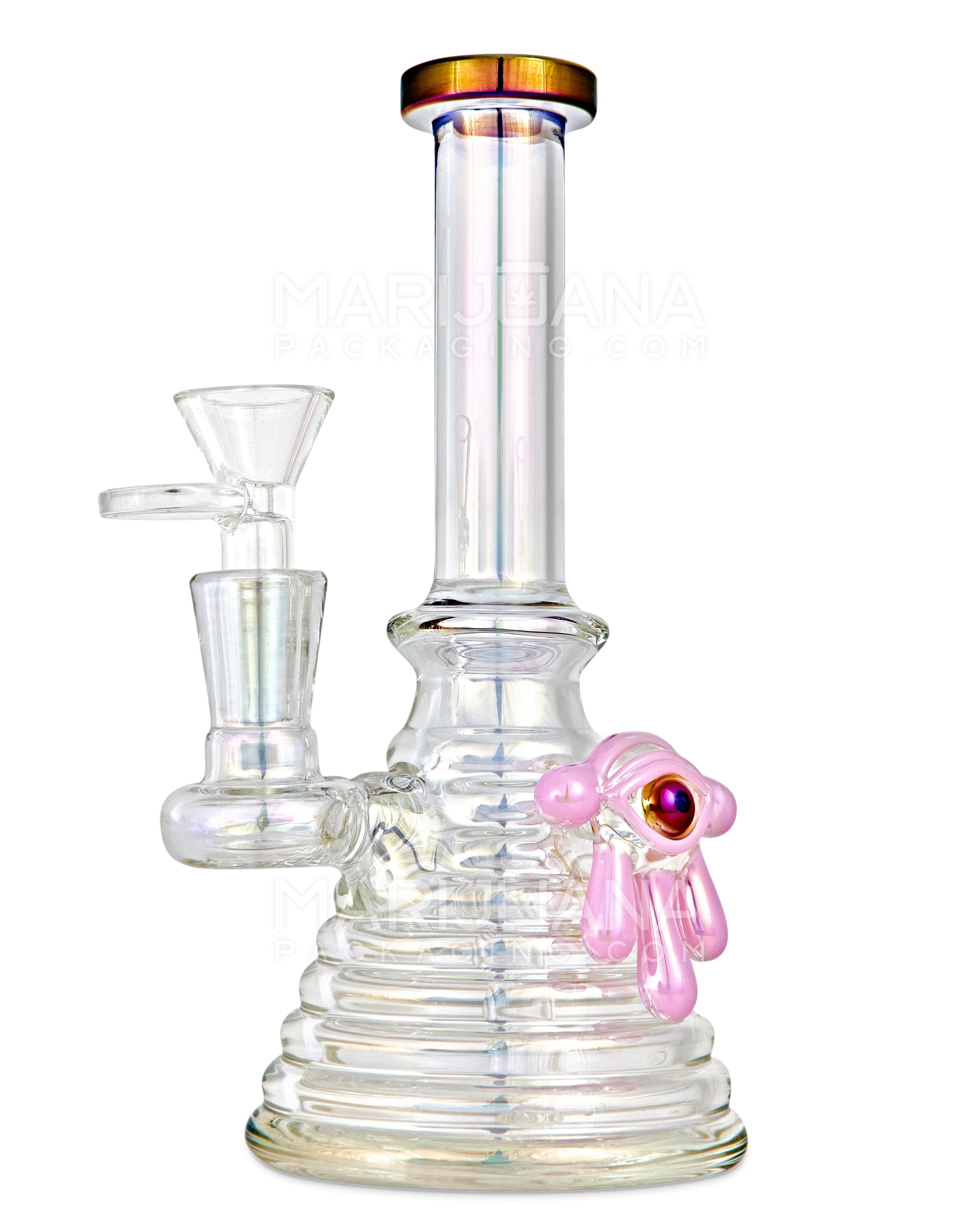 Straight Neck Diffused Perc Glass Ribbed Beaker Water Pipe w/ Pink Evil Eye | 7.5in Tall - 14mm Bowl - Iridescent - 5