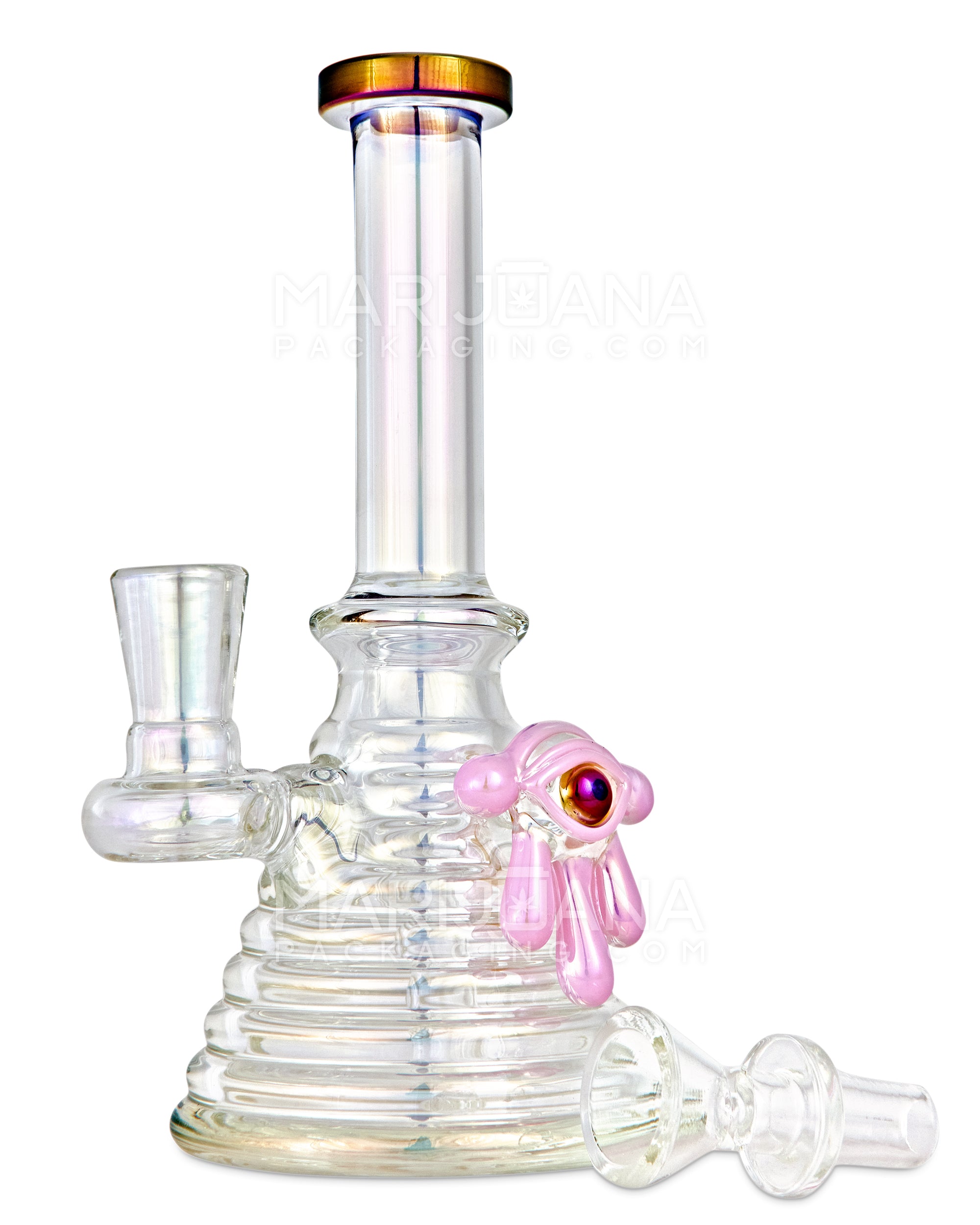 Straight Neck Diffused Perc Glass Ribbed Beaker Water Pipe w/ Pink Evil Eye | 7.5in Tall - 14mm Bowl - Iridescent - 2