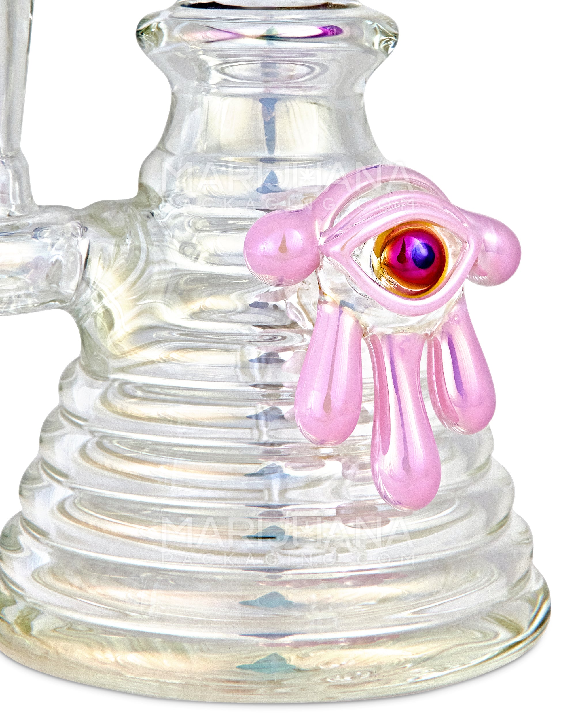 Straight Neck Diffused Perc Glass Ribbed Beaker Water Pipe w/ Pink Evil Eye | 7.5in Tall - 14mm Bowl - Iridescent - 3