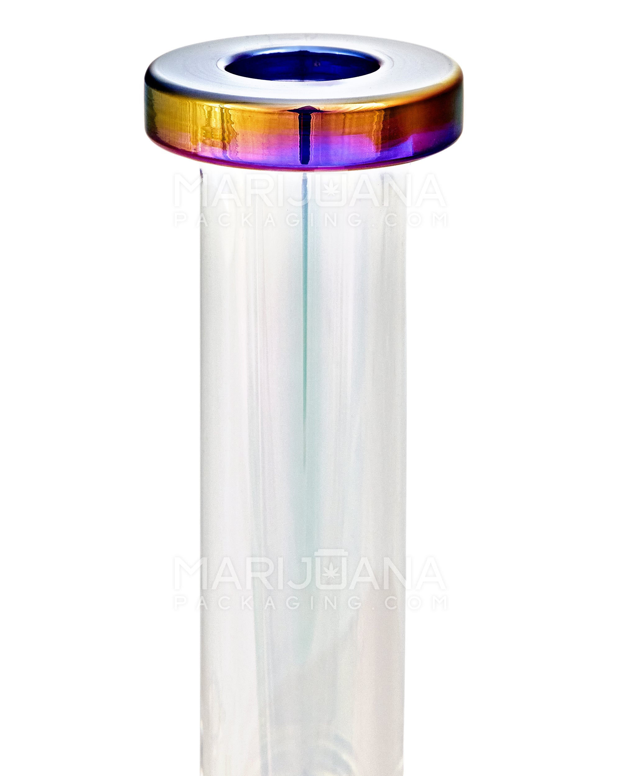 Straight Neck Diffused Perc Glass Ribbed Beaker Water Pipe w/ Pink Evil Eye | 7.5in Tall - 14mm Bowl - Iridescent - 4