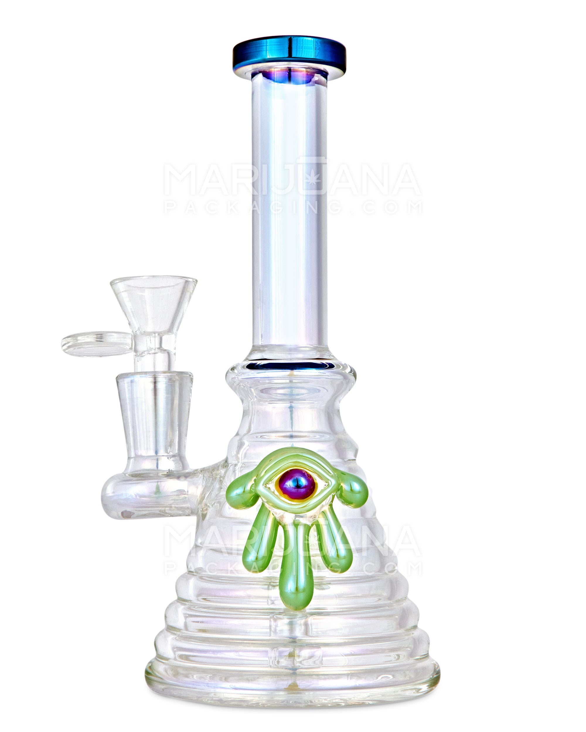 Straight Neck Diffused Perc Glass Ribbed Beaker Water Pipe w/ Green Evil Eye | 7.5in Tall - 14mm Bowl - Iridescent - 1