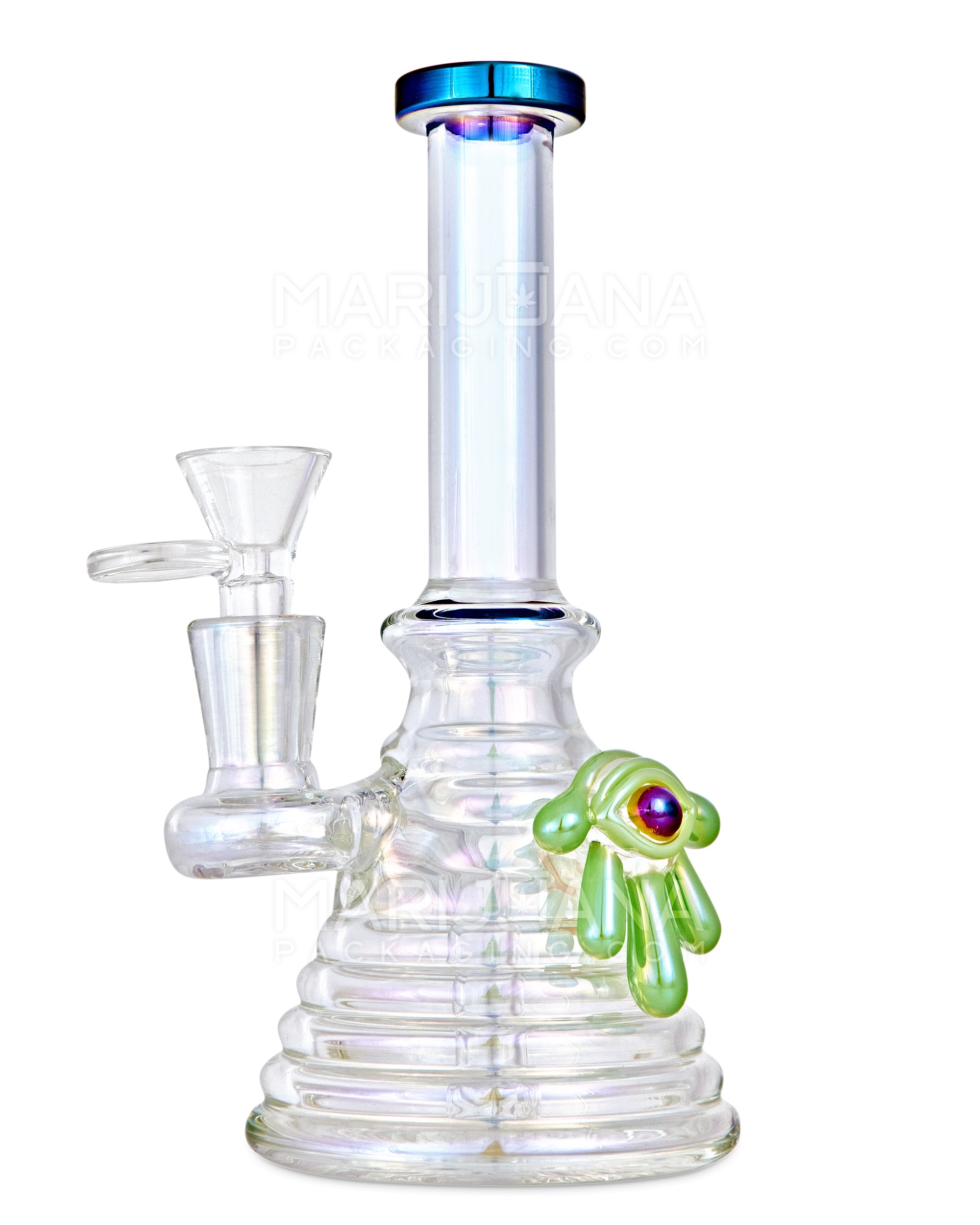 Straight Neck Diffused Perc Glass Ribbed Beaker Water Pipe w/ Green Evil Eye | 7.5in Tall - 14mm Bowl - Iridescent - 5