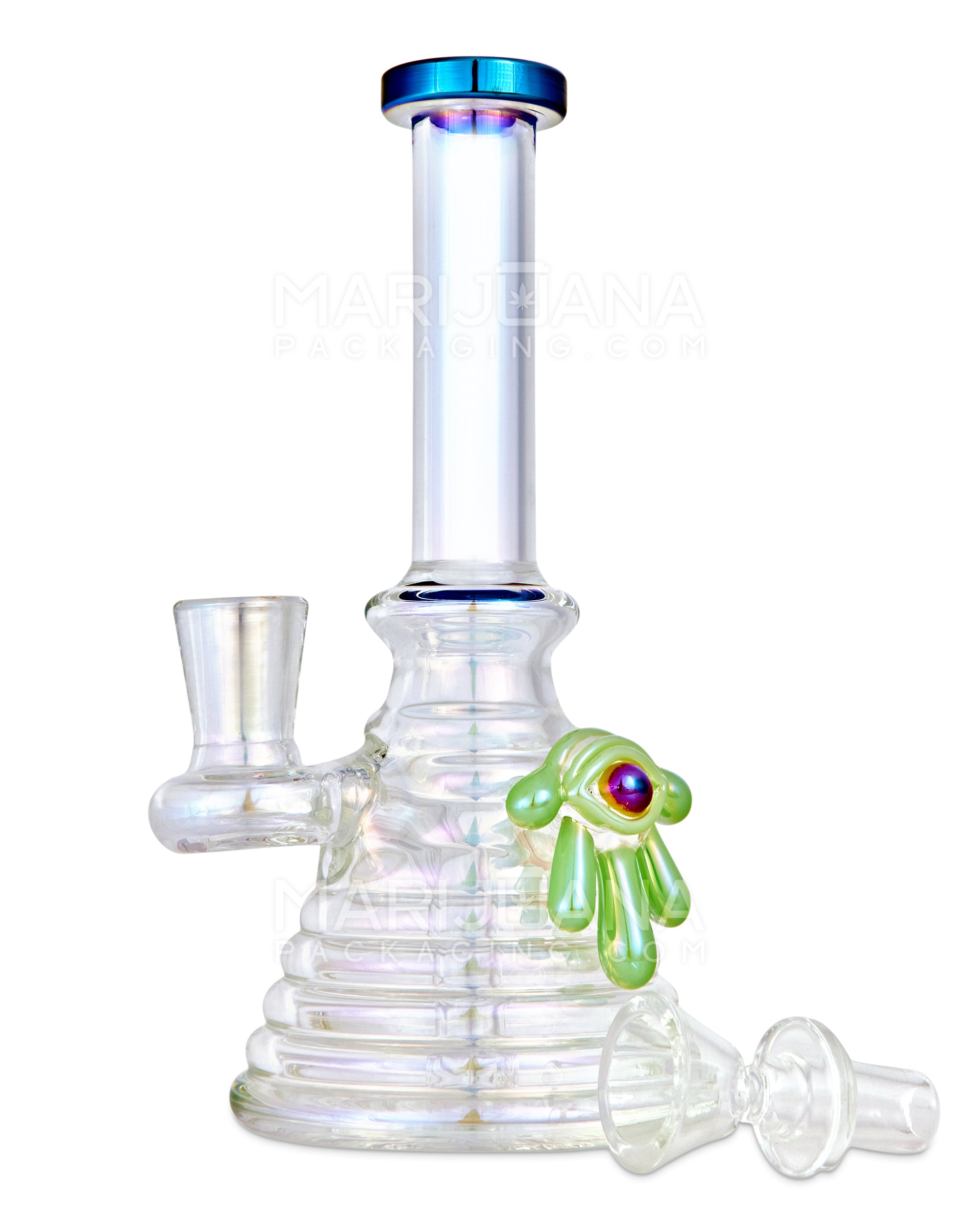 Straight Neck Diffused Perc Glass Ribbed Beaker Water Pipe w/ Green Evil Eye | 7.5in Tall - 14mm Bowl - Iridescent - 2