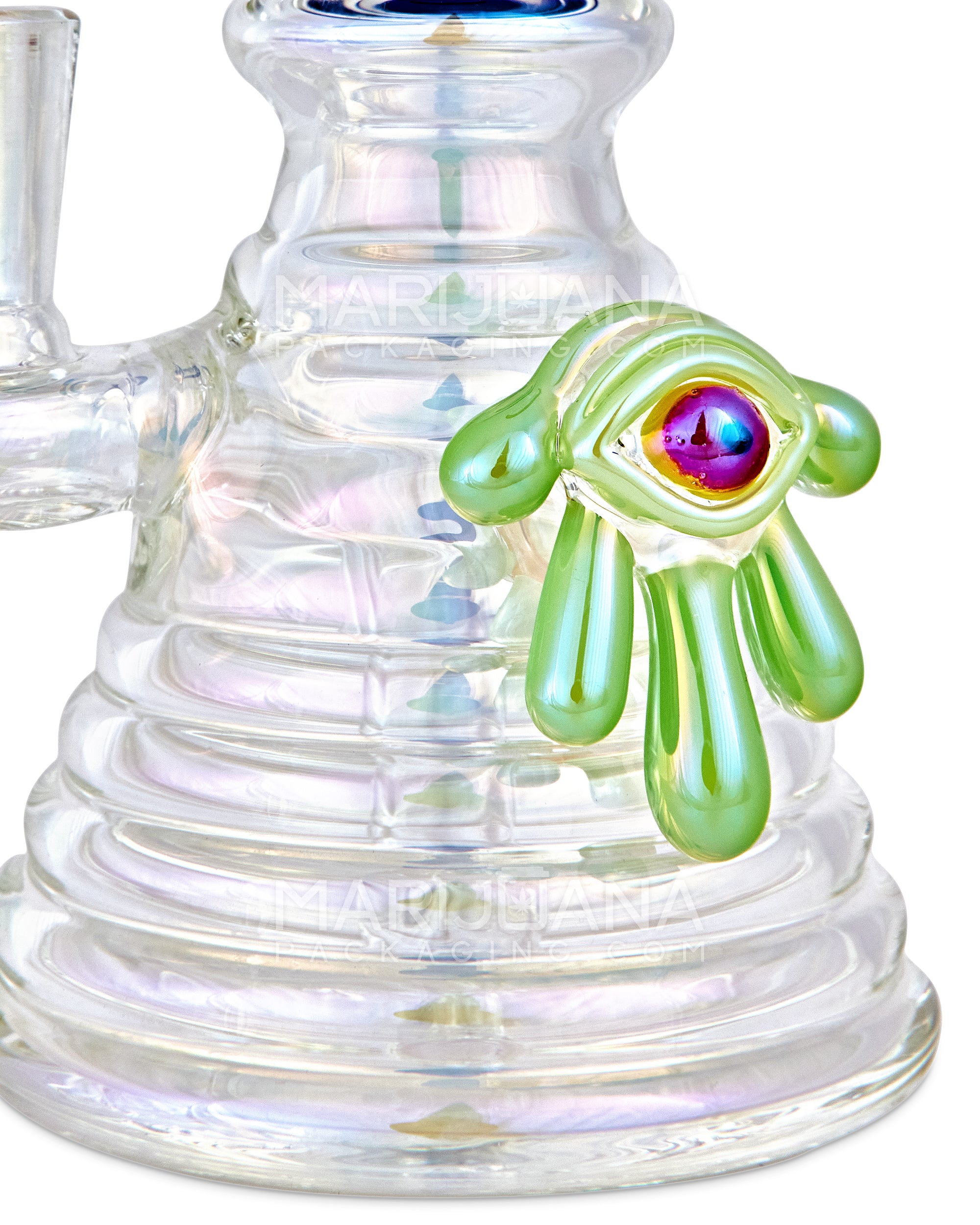 Straight Neck Diffused Perc Glass Ribbed Beaker Water Pipe w/ Green Evil Eye | 7.5in Tall - 14mm Bowl - Iridescent - 3