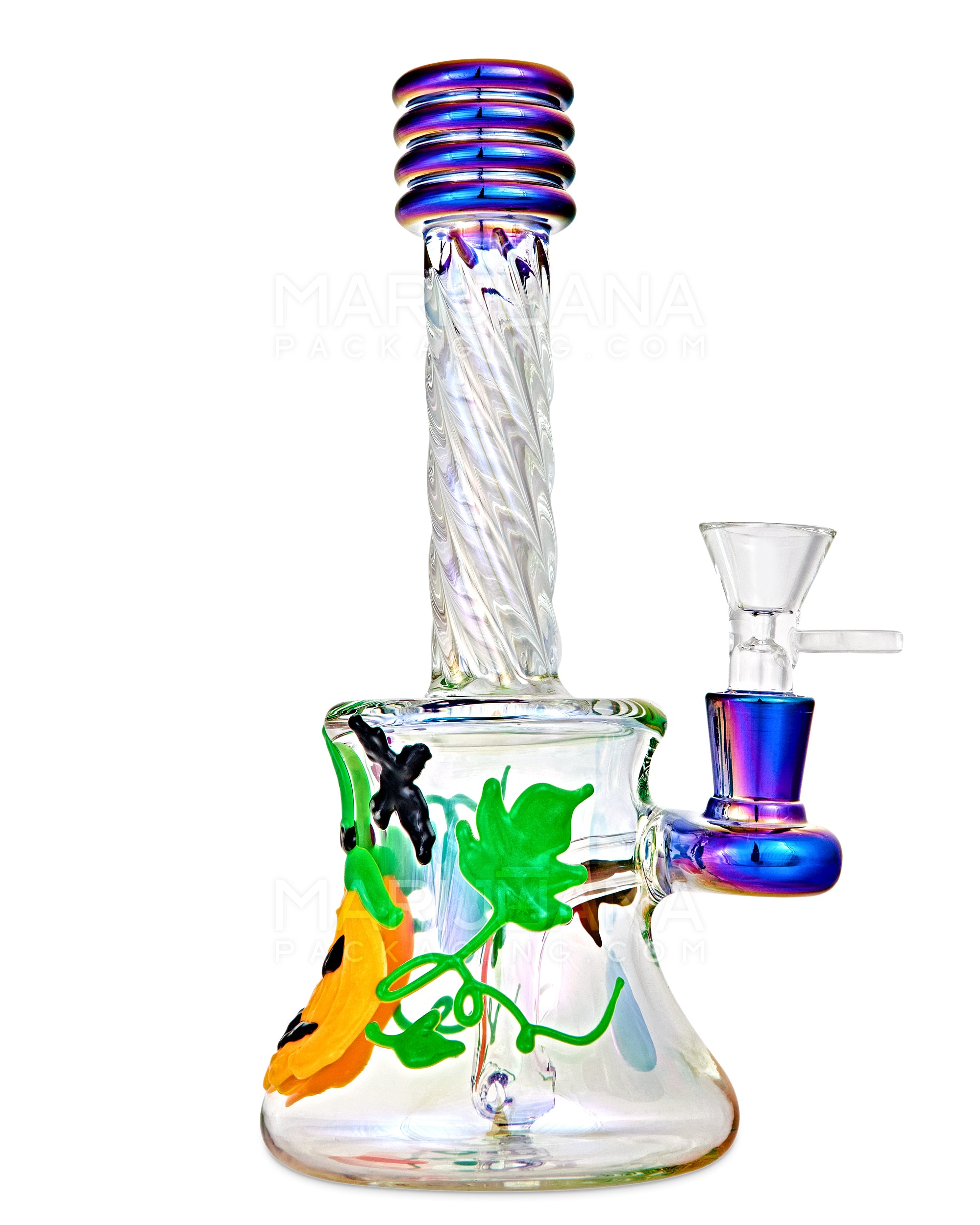Spiral Neck Diffused Perc Pumpkin Glass Bell Water Pipe | 8in Tall - 14mm Bowl - Iridescent - 1