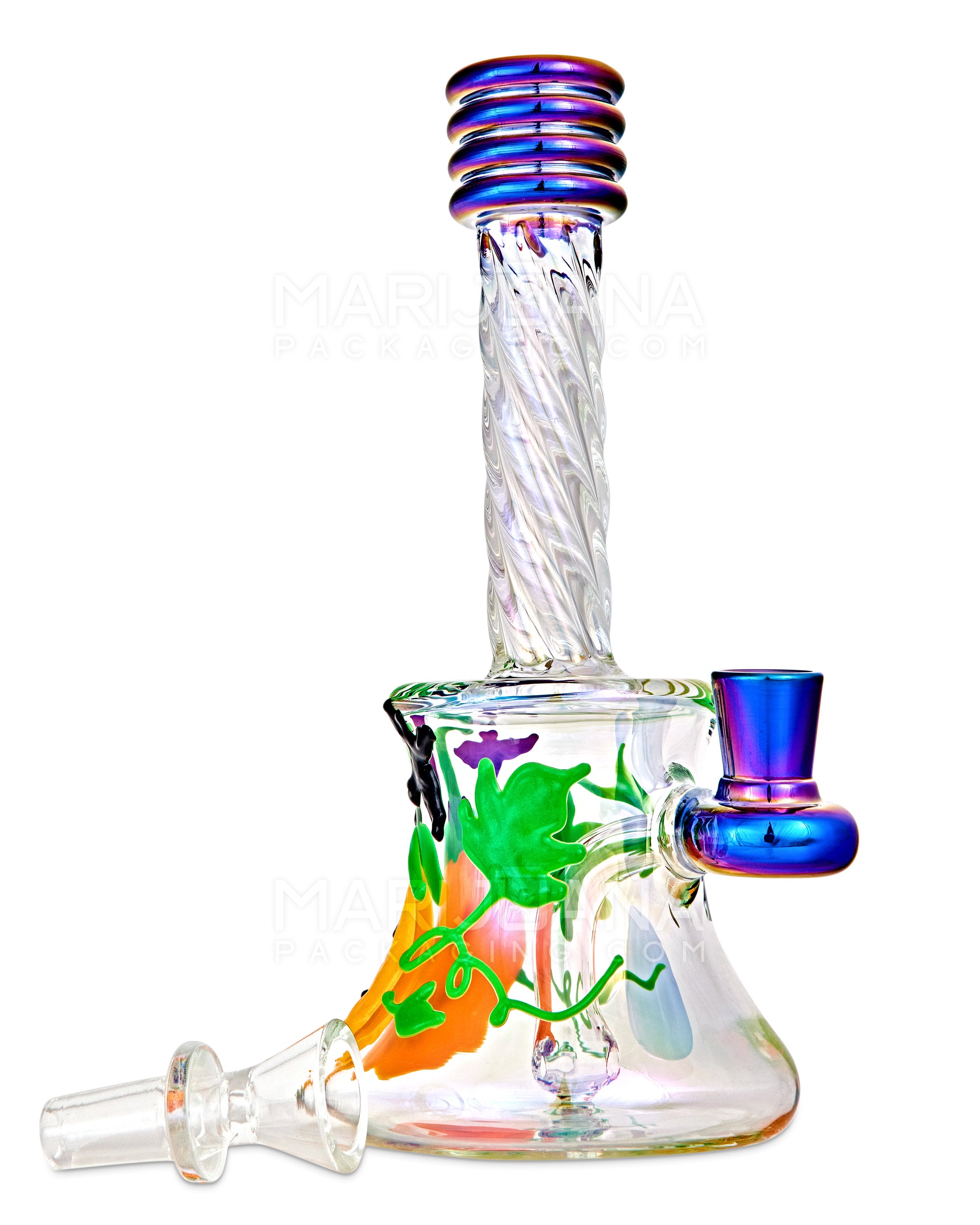 Spiral Neck Diffused Perc Pumpkin Glass Bell Water Pipe | 8in Tall - 14mm Bowl - Iridescent - 5