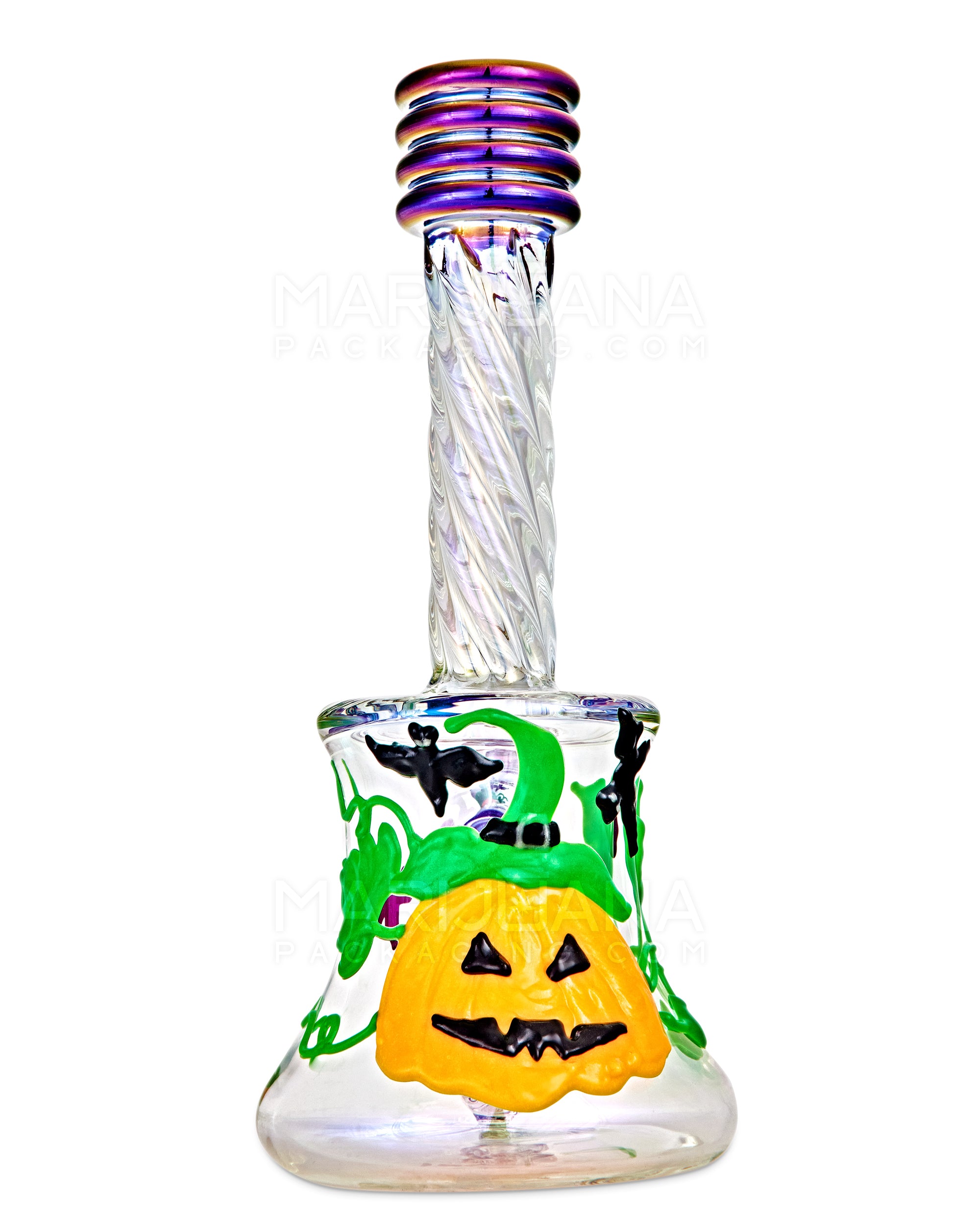 Spiral Neck Diffused Perc Pumpkin Glass Bell Water Pipe | 8in Tall - 14mm Bowl - Iridescent - 6