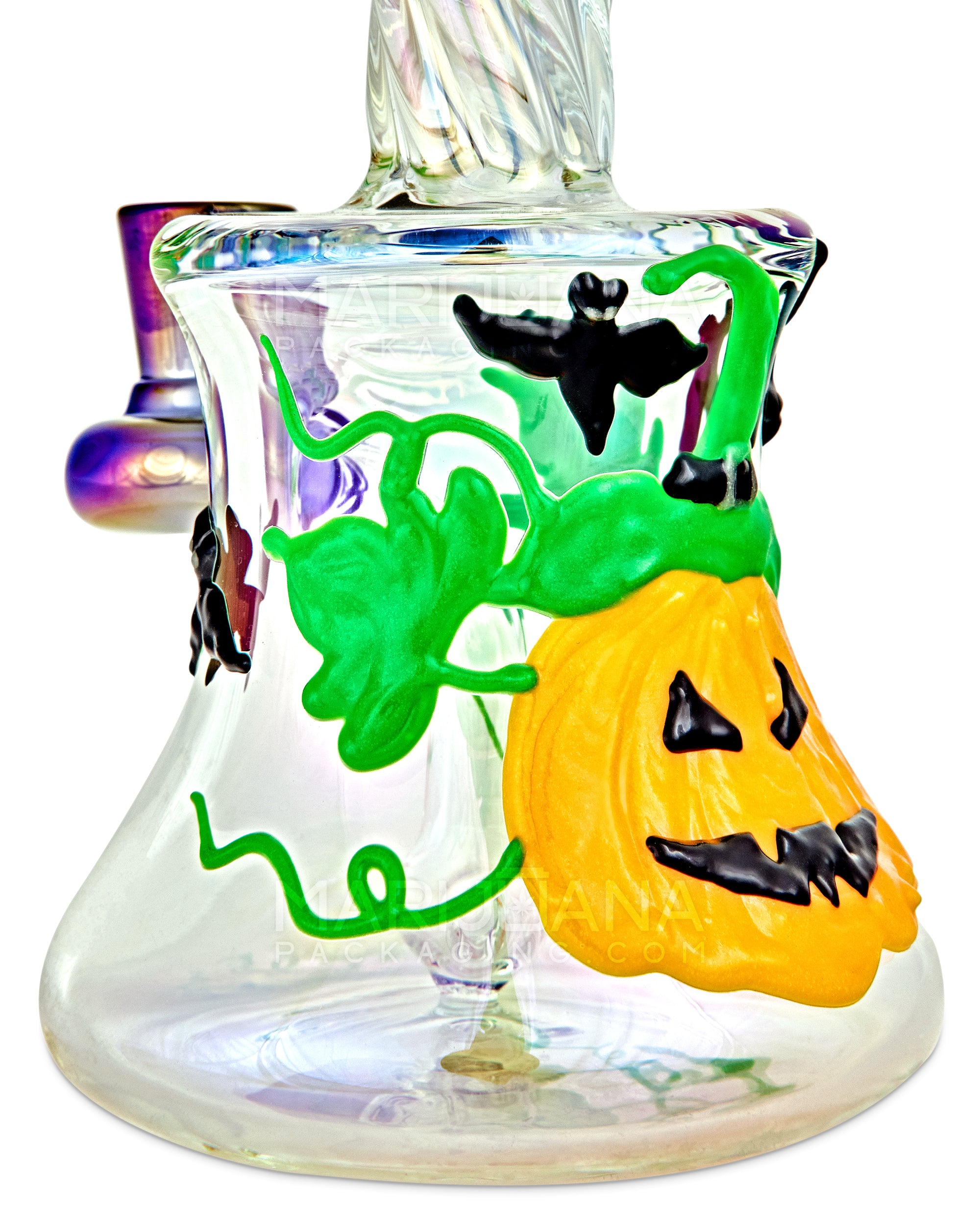 Spiral Neck Diffused Perc Pumpkin Glass Bell Water Pipe | 8in Tall - 14mm Bowl - Iridescent - 4