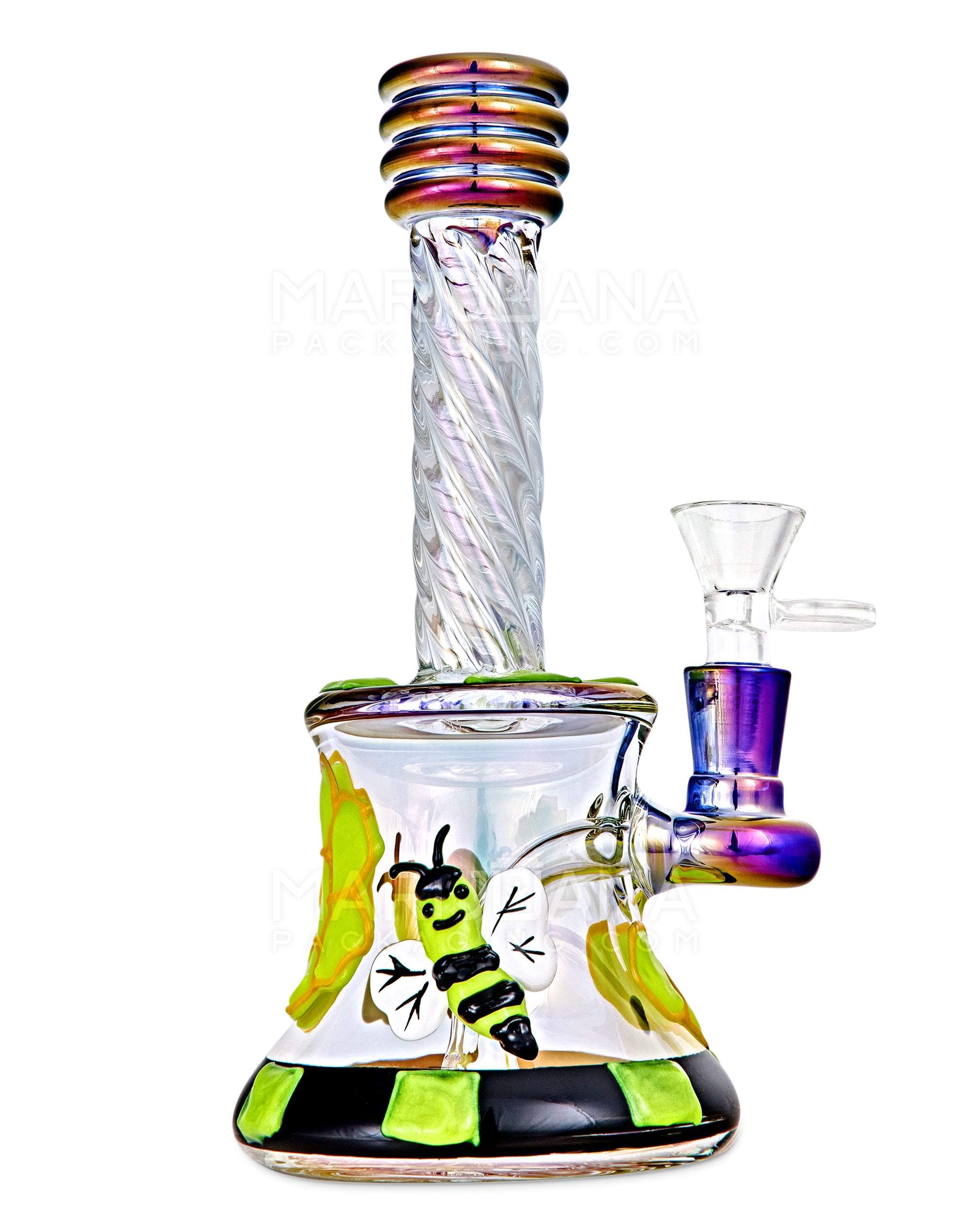 Spiral Neck Diffused Perc Honey Bee Glass Bell Water Pipe | 8in Tall - 14mm Bowl - Iridescent - 1