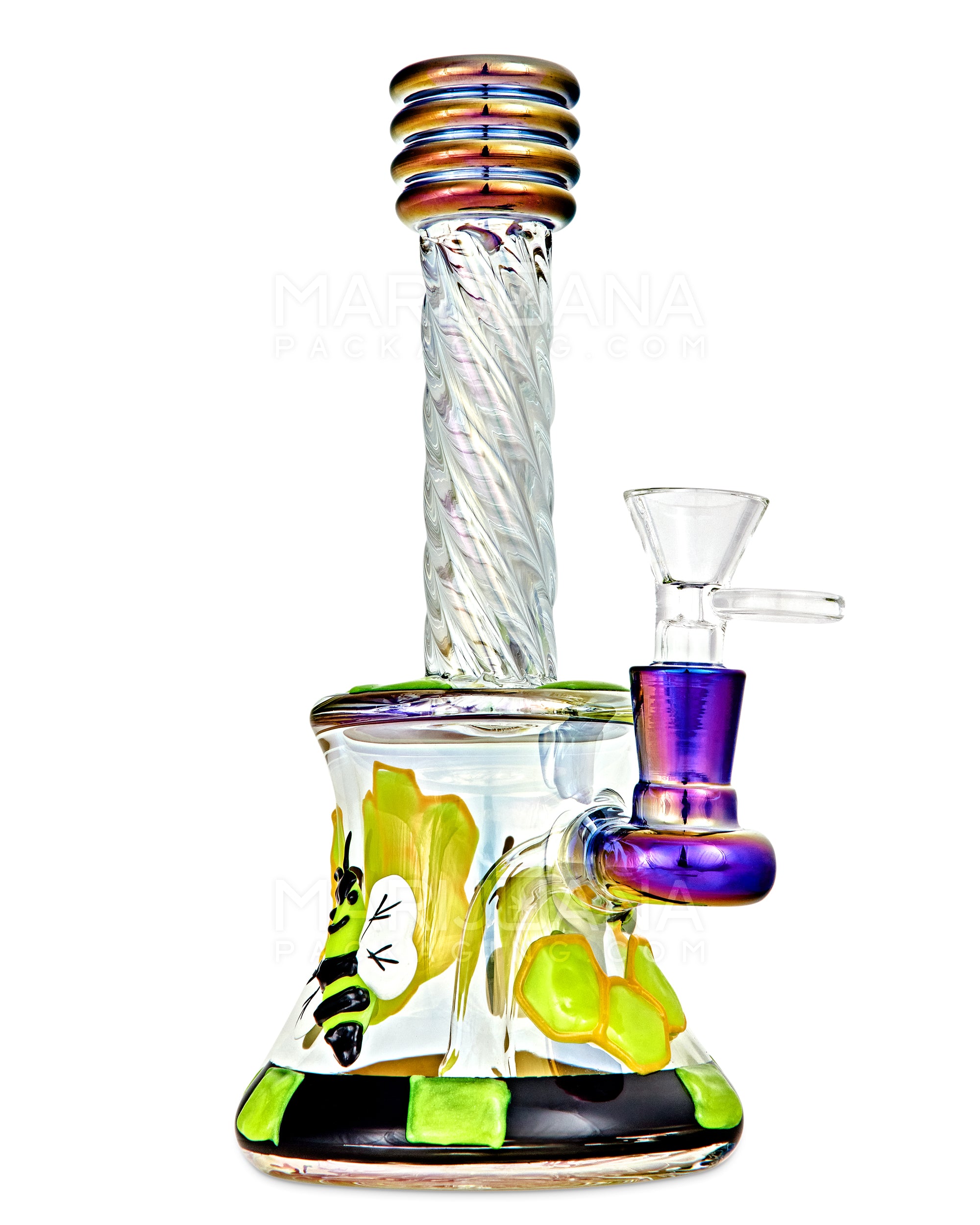 Spiral Neck Diffused Perc Honey Bee Glass Bell Water Pipe | 8in Tall - 14mm Bowl - Iridescent - 6