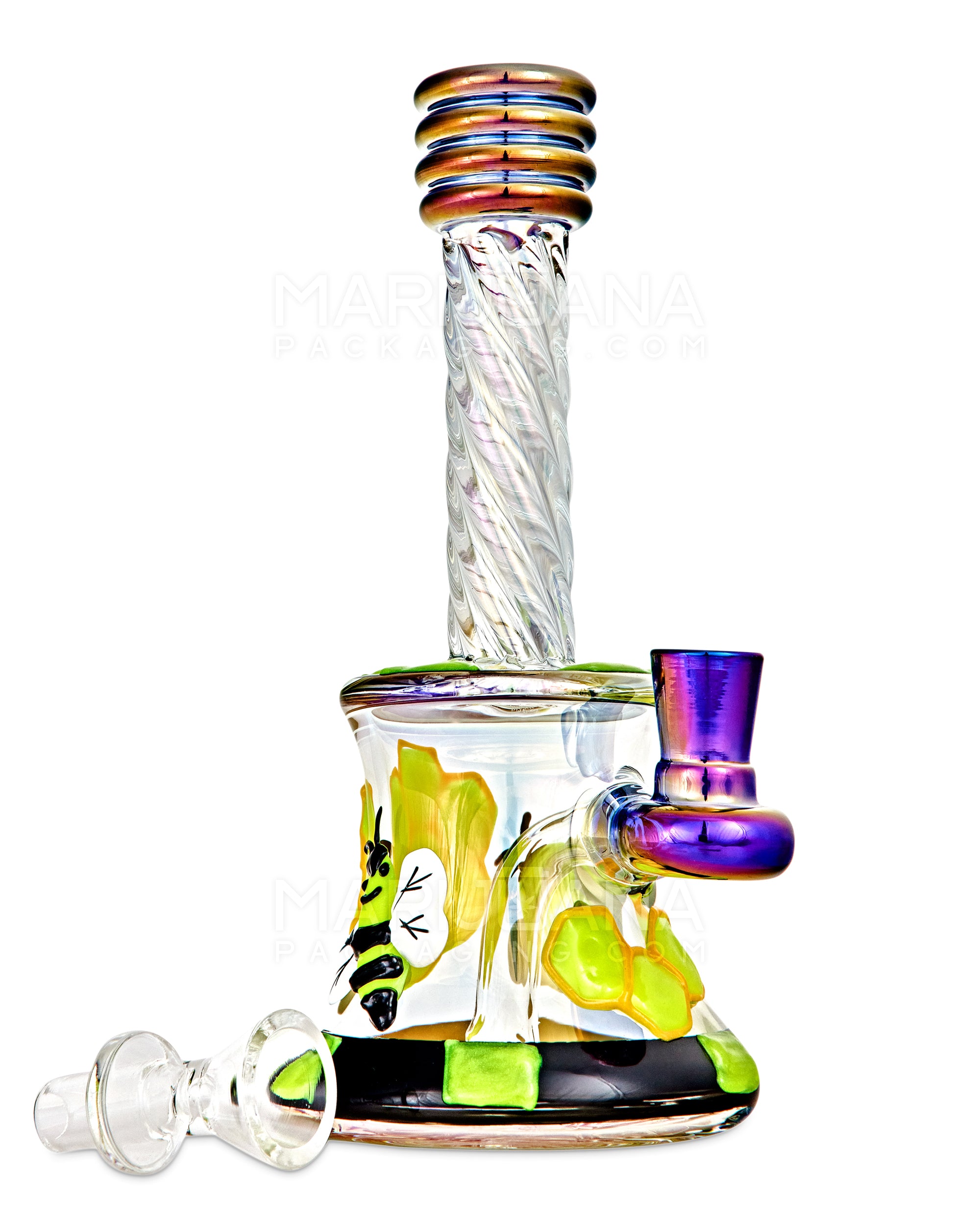 Spiral Neck Diffused Perc Honey Bee Glass Bell Water Pipe | 8in Tall - 14mm Bowl - Iridescent - 7