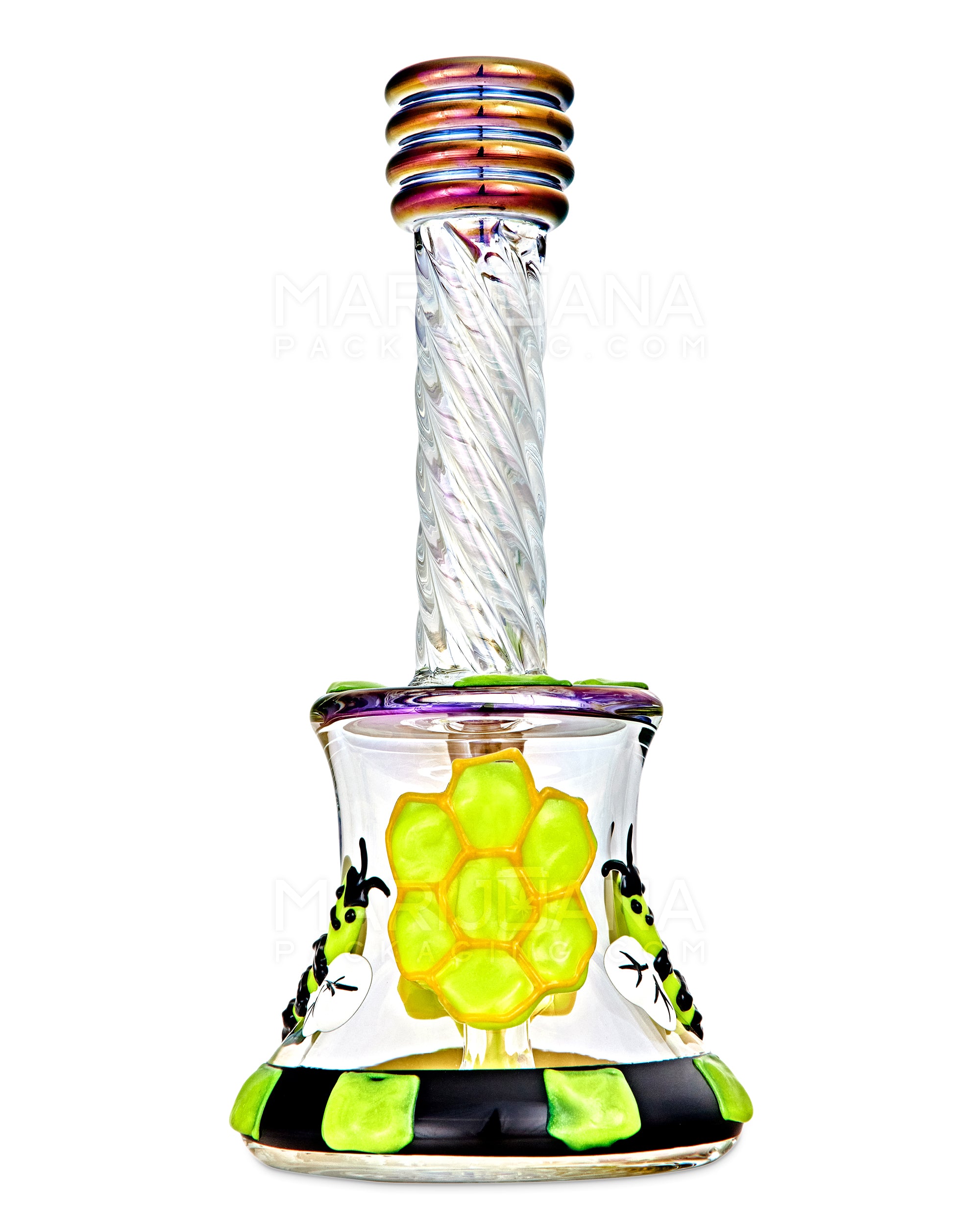 Spiral Neck Diffused Perc Honey Bee Glass Bell Water Pipe | 8in Tall - 14mm Bowl - Iridescent - 8
