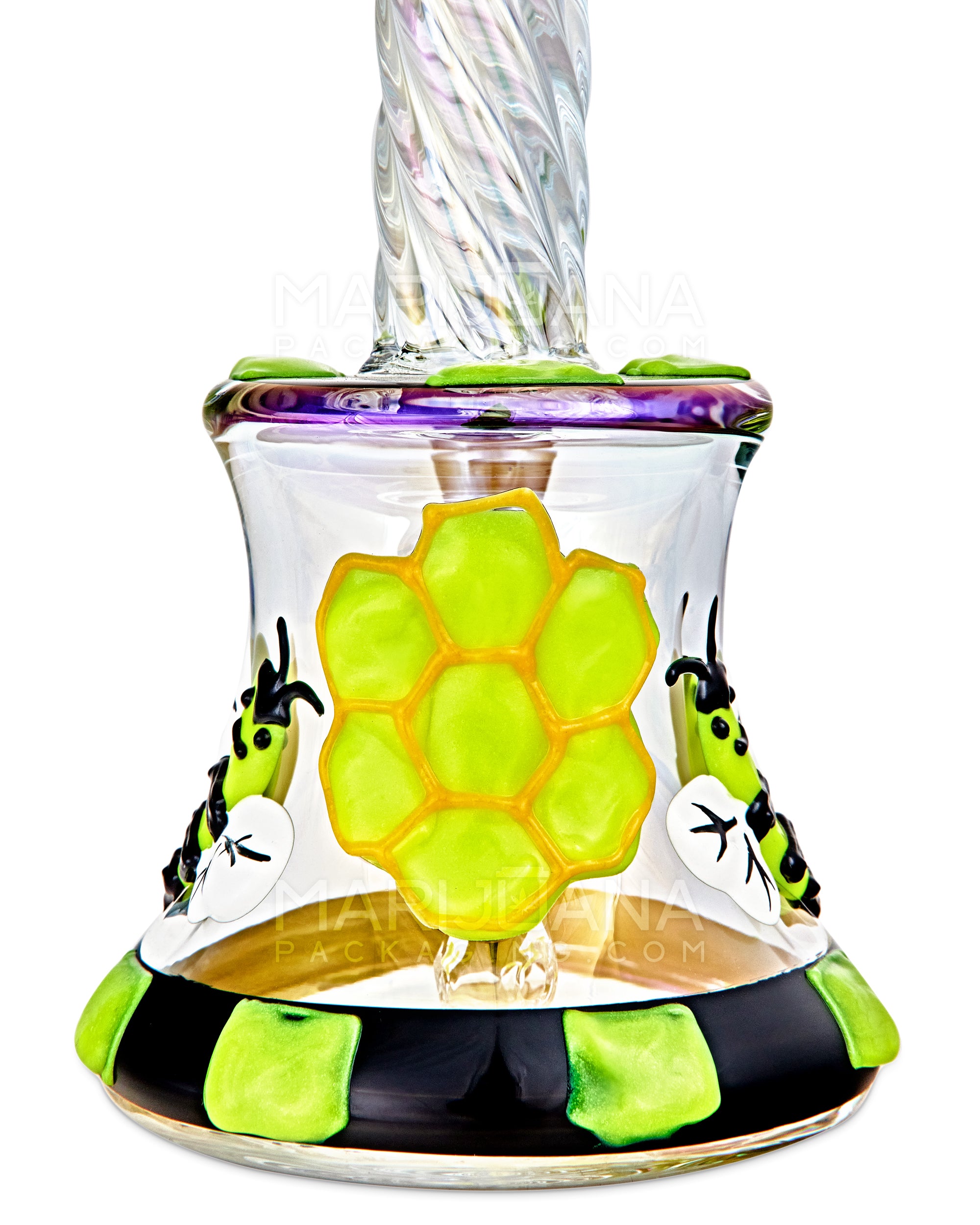 Spiral Neck Diffused Perc Honey Bee Glass Bell Water Pipe | 8in Tall - 14mm Bowl - Iridescent - 3