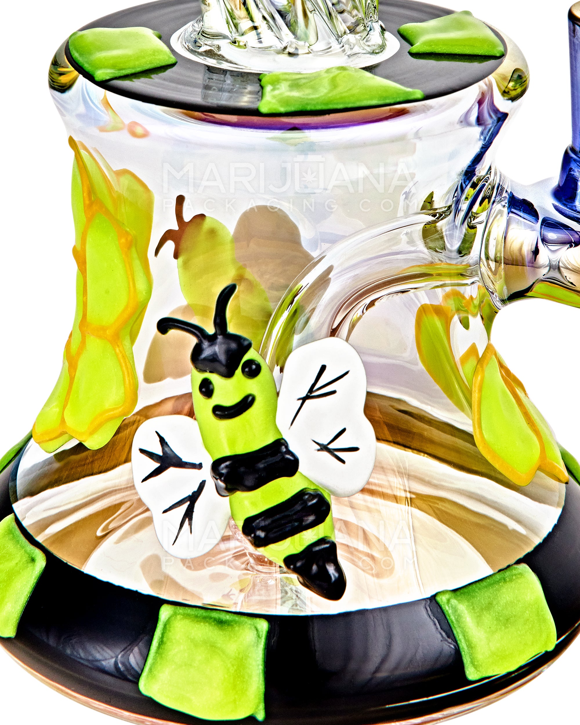 Spiral Neck Diffused Perc Honey Bee Glass Bell Water Pipe | 8in Tall - 14mm Bowl - Iridescent - 5