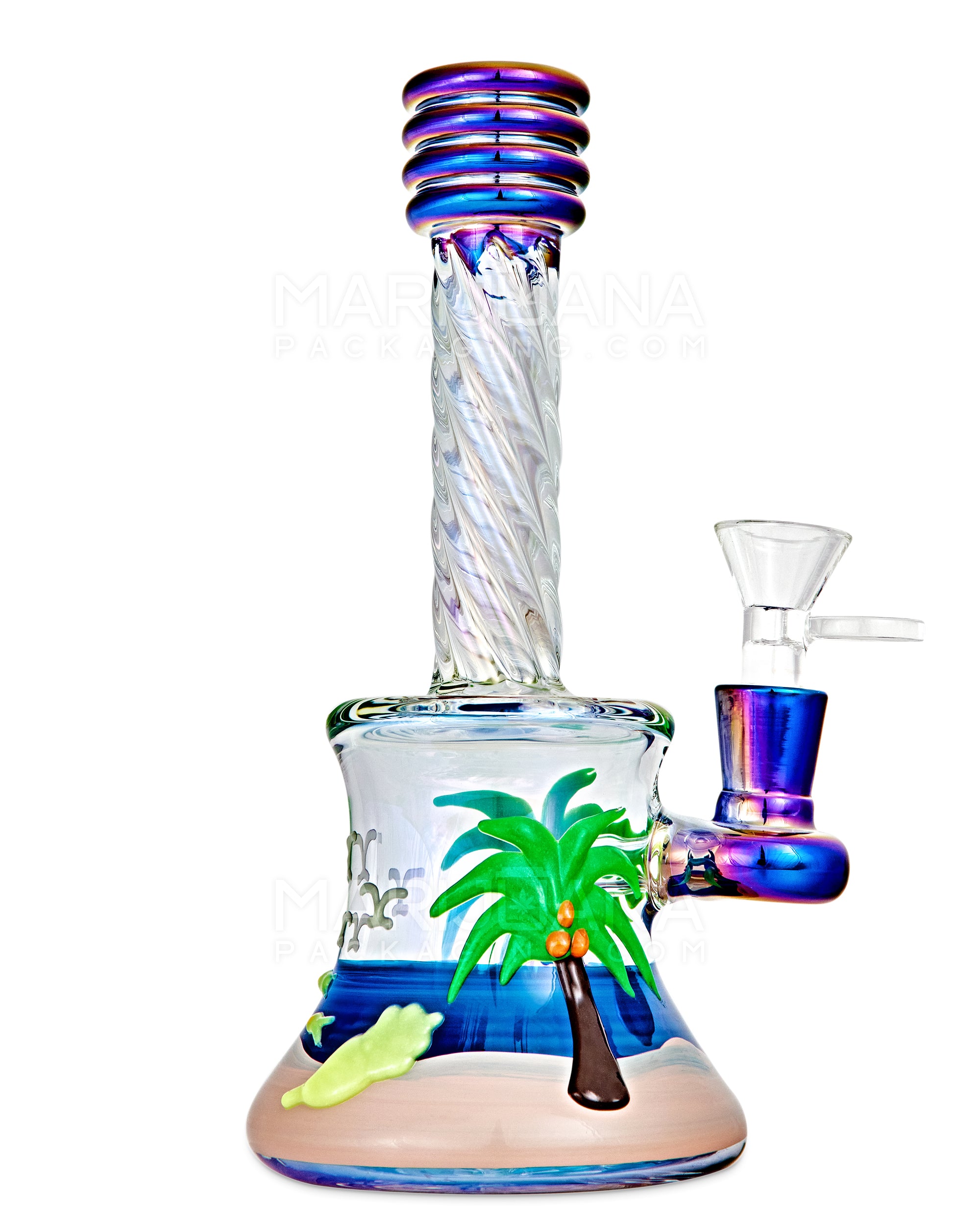 Spiral Neck Diffused Perc Tropical Island Glass Bell Water Pipe | 8in Tall - 14mm Bowl - Iridescent - 1