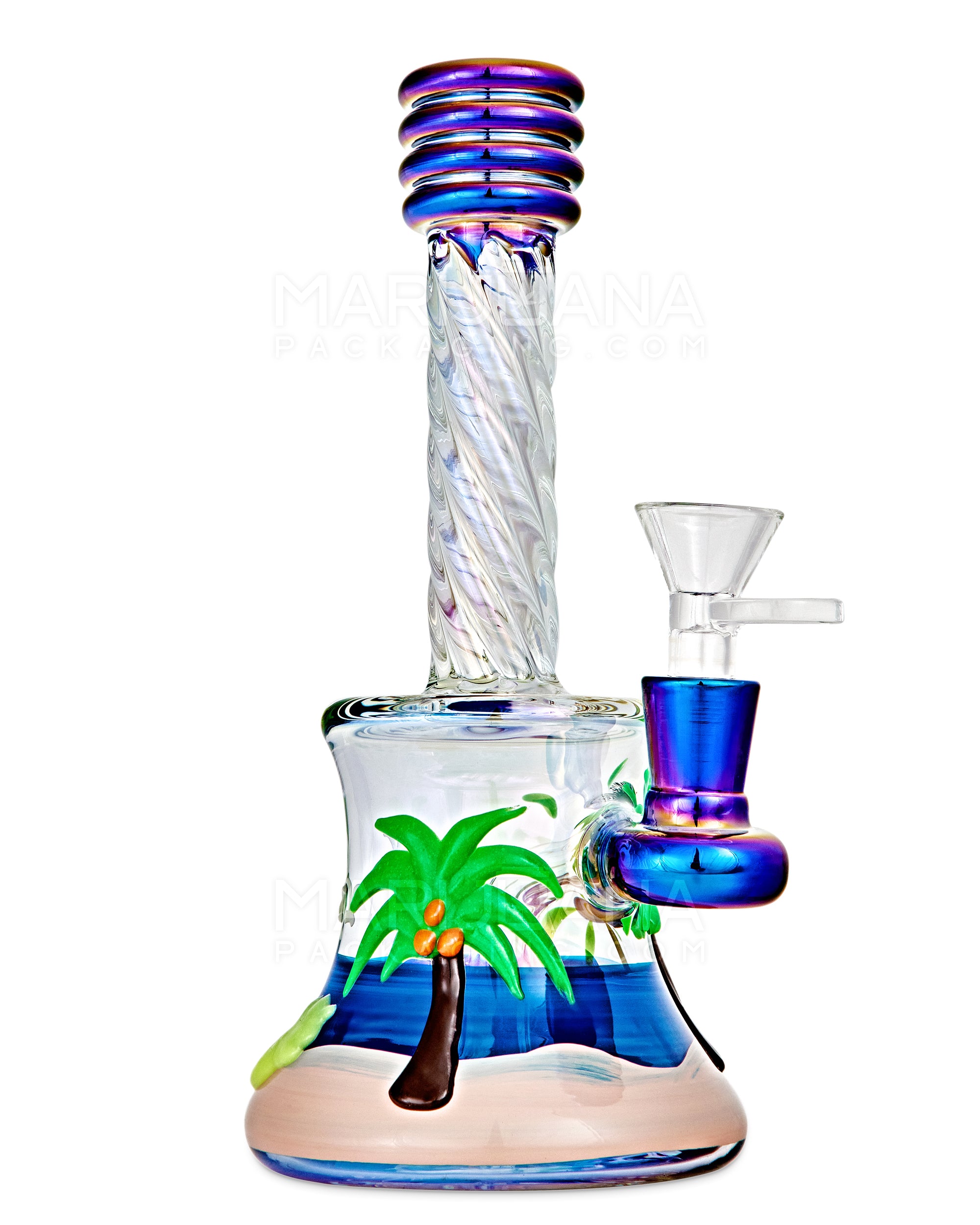 Spiral Neck Diffused Perc Tropical Island Glass Bell Water Pipe | 8in Tall - 14mm Bowl - Iridescent - 5