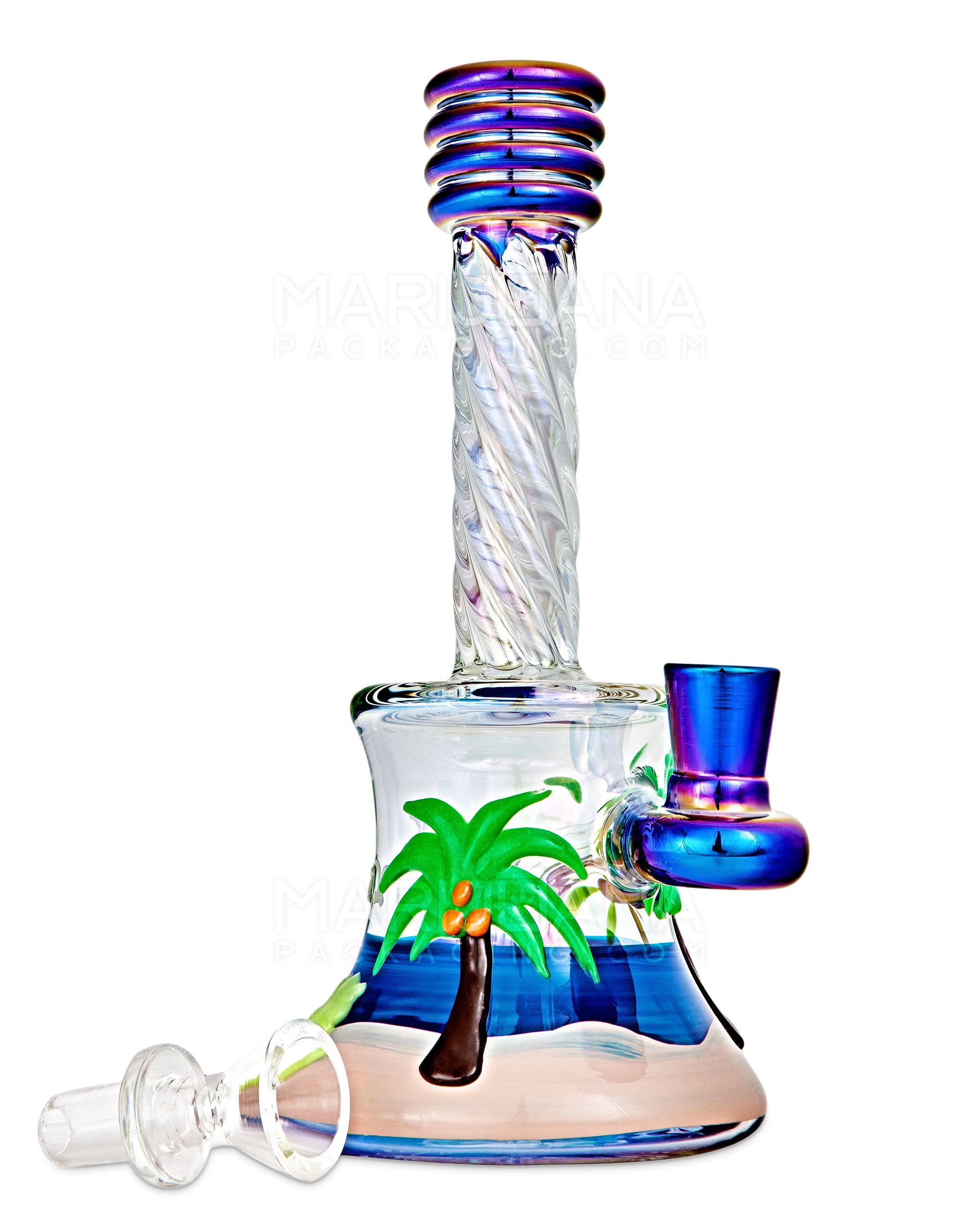 Spiral Neck Diffused Perc Tropical Island Glass Bell Water Pipe | 8in Tall - 14mm Bowl - Iridescent - 6