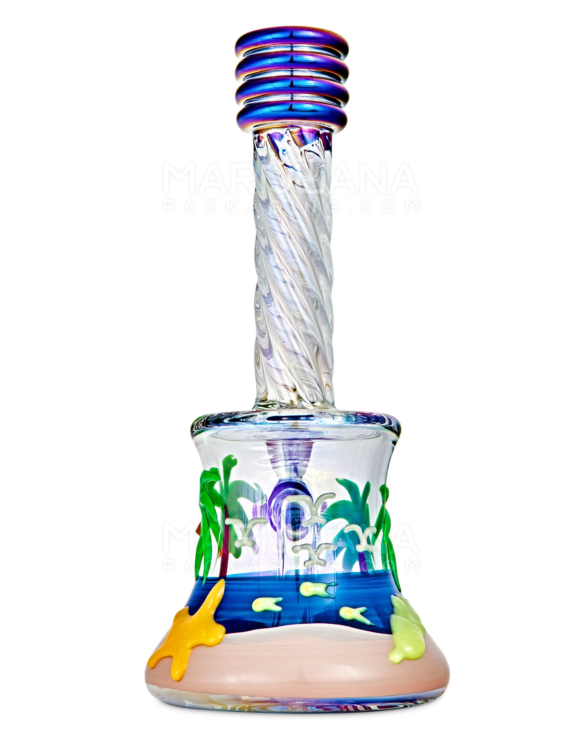 Spiral Neck Diffused Perc Tropical Island Glass Bell Water Pipe | 8in Tall - 14mm Bowl - Iridescent - 7
