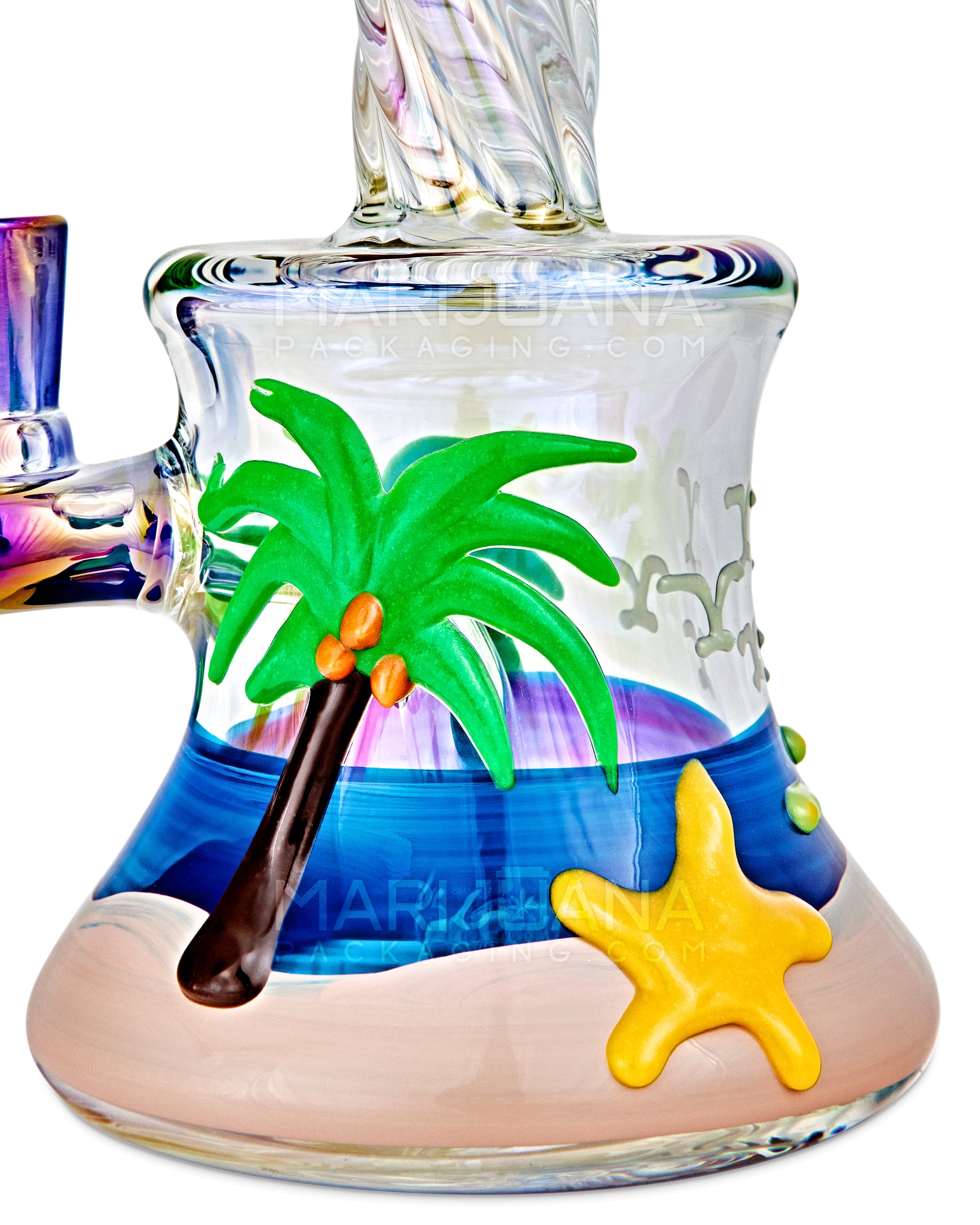 Spiral Neck Diffused Perc Tropical Island Glass Bell Water Pipe | 8in Tall - 14mm Bowl - Iridescent - 4