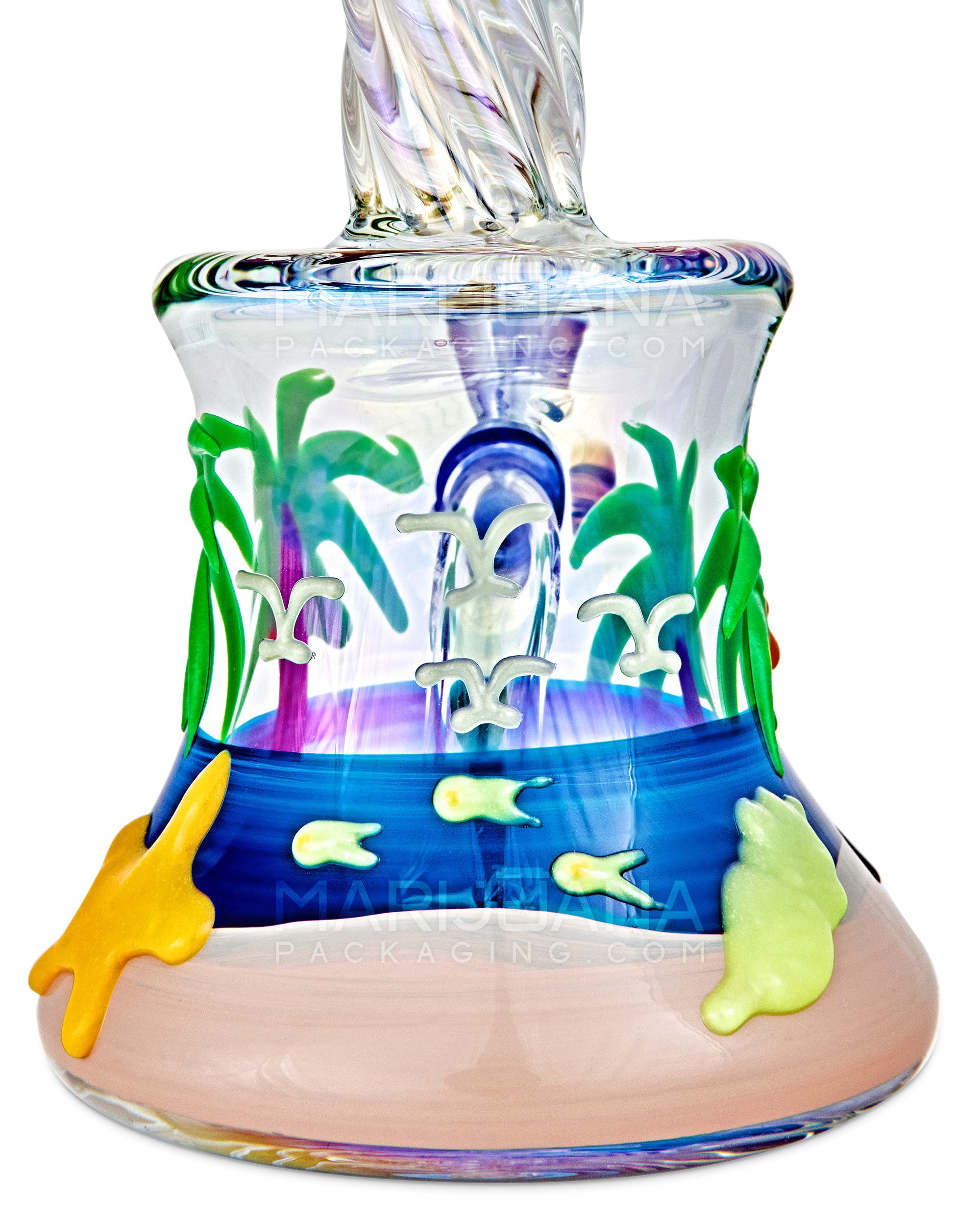 Spiral Neck Diffused Perc Tropical Island Glass Bell Water Pipe | 8in Tall - 14mm Bowl - Iridescent - 3