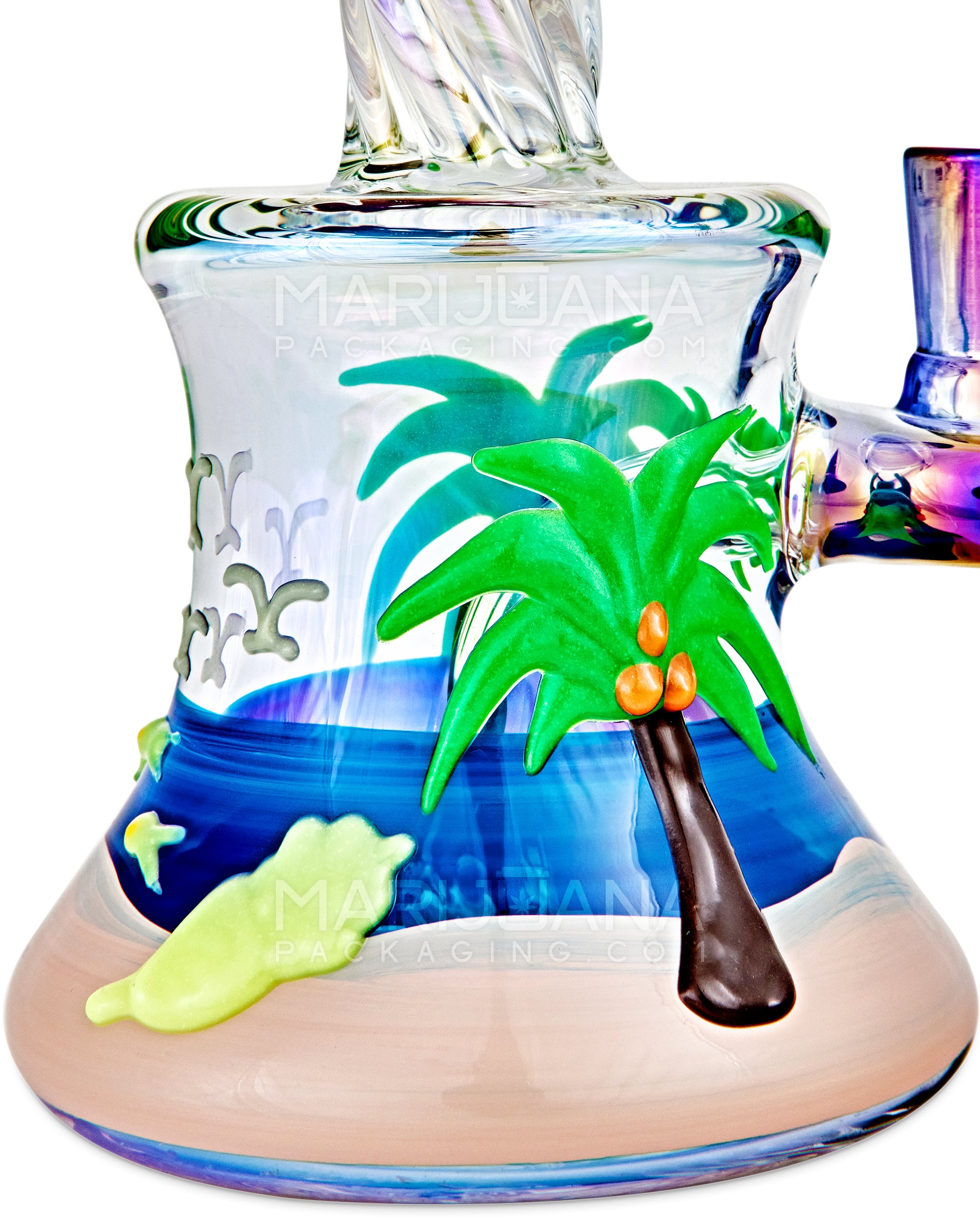 Spiral Neck Diffused Perc Tropical Island Glass Bell Water Pipe | 8in Tall - 14mm Bowl - Iridescent - 2