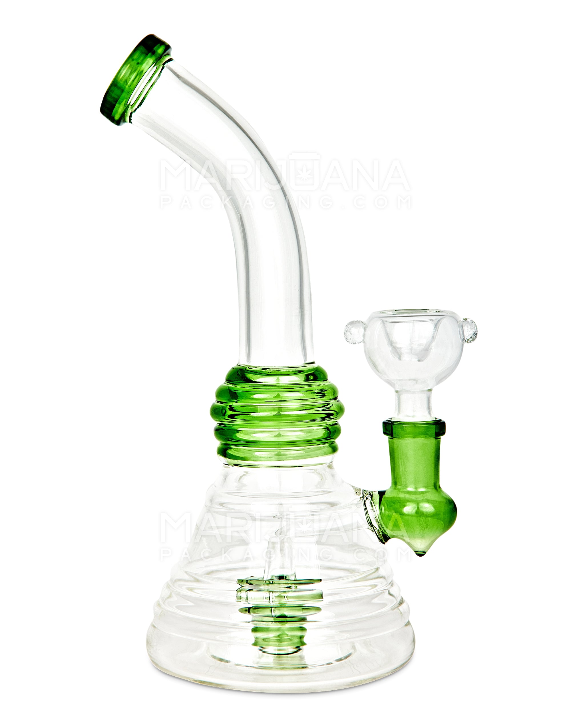 Bent Neck Showerhead Perc Glass Ribbed Beaker Water Pipe | 8in Tall - 14mm Bowl - Green - 1