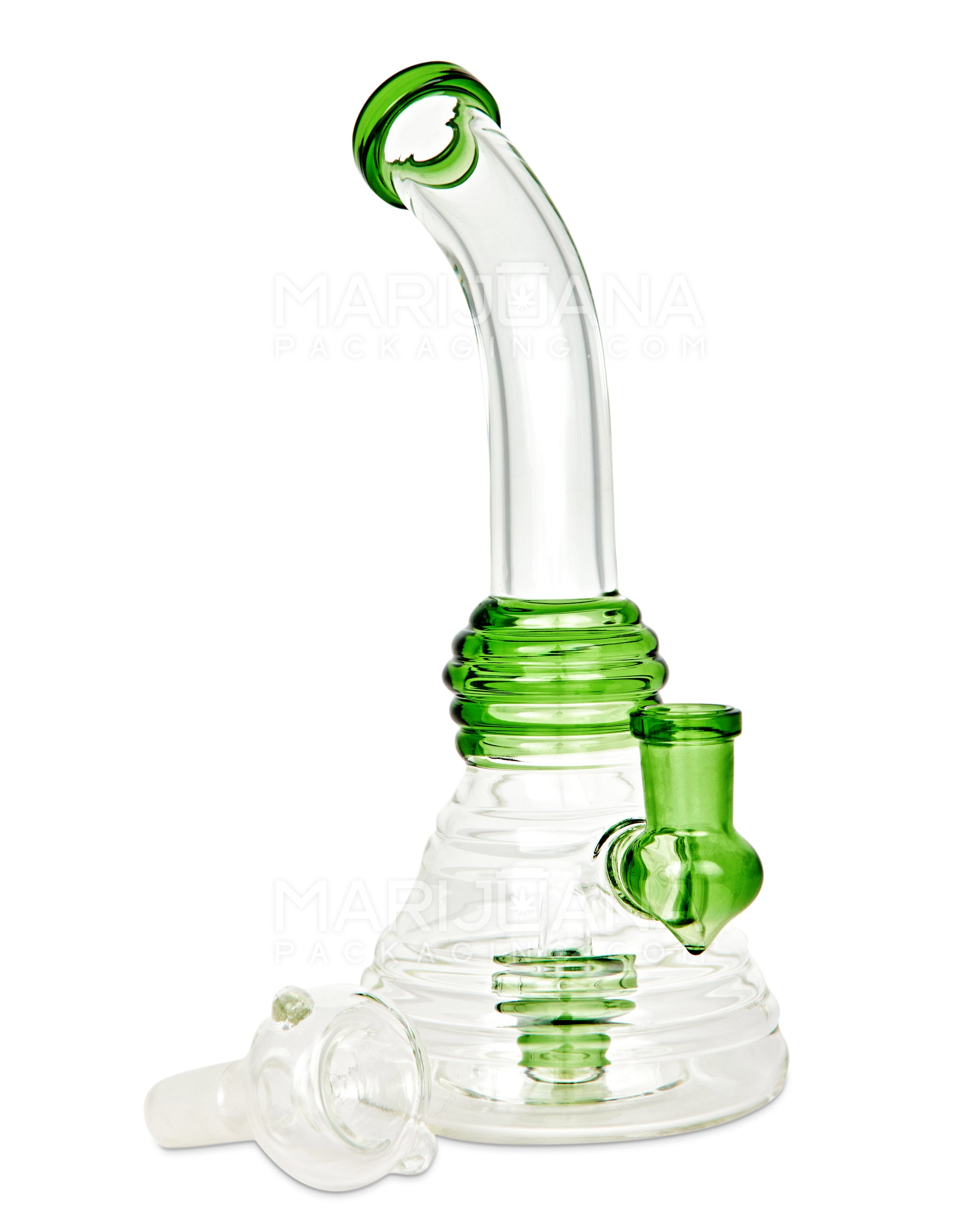 Bent Neck Showerhead Perc Glass Ribbed Beaker Water Pipe | 8in Tall - 14mm Bowl - Green - 2