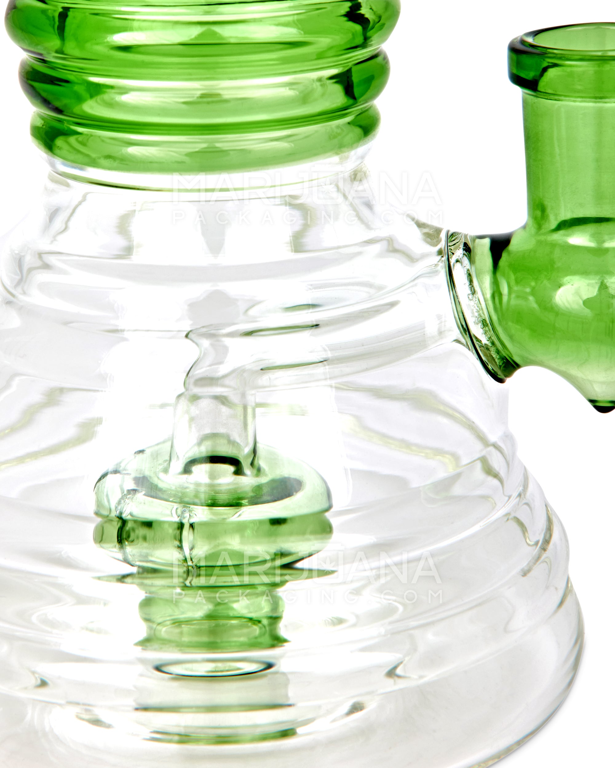 Bent Neck Showerhead Perc Glass Ribbed Beaker Water Pipe | 8in Tall - 14mm Bowl - Green - 3