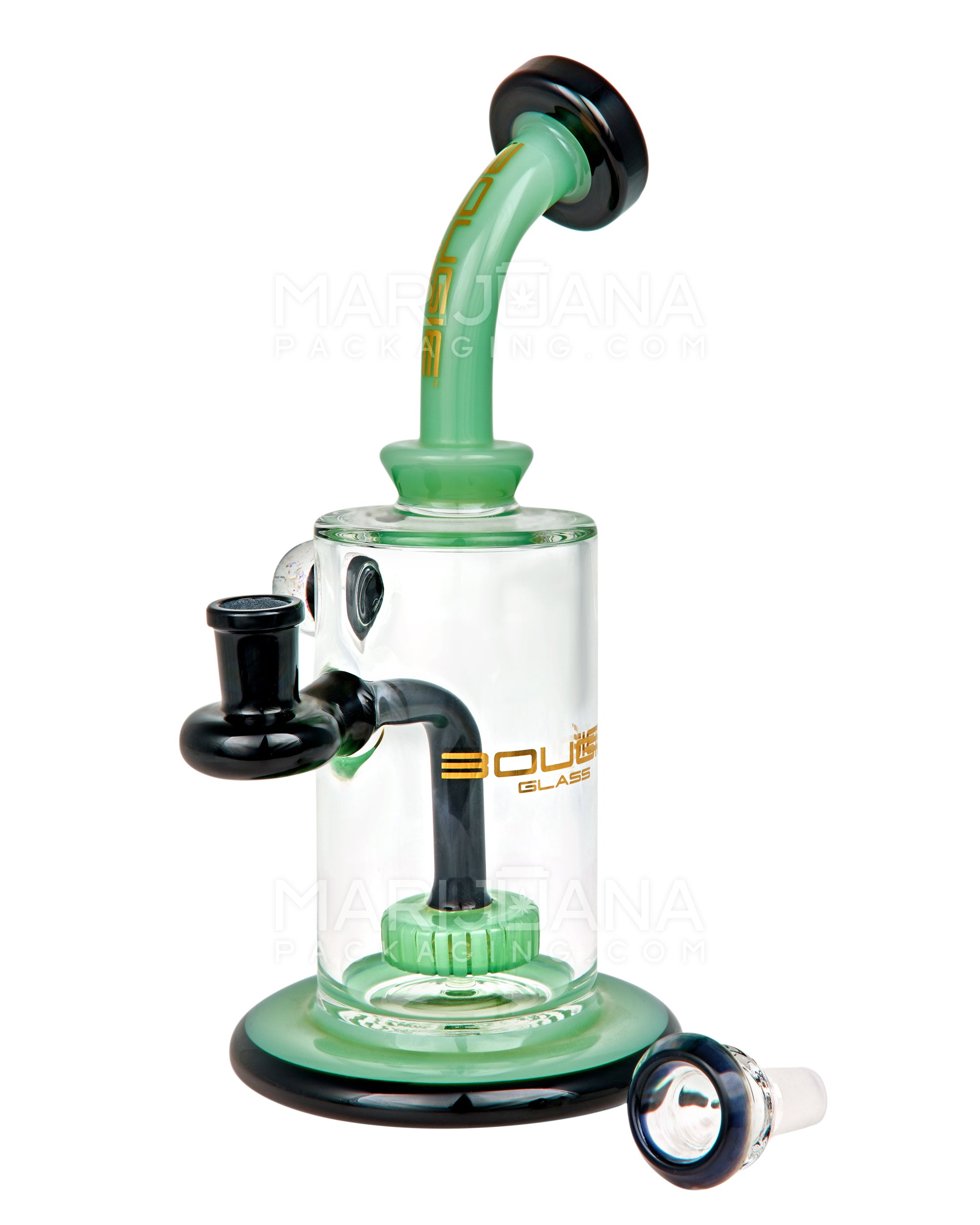 BOUGIE | Bent Neck Showerhead Perc Glass Straight Water Pipe w/ Dichro Marble | 9in Tall - 14mm Bowl - Jade - 3