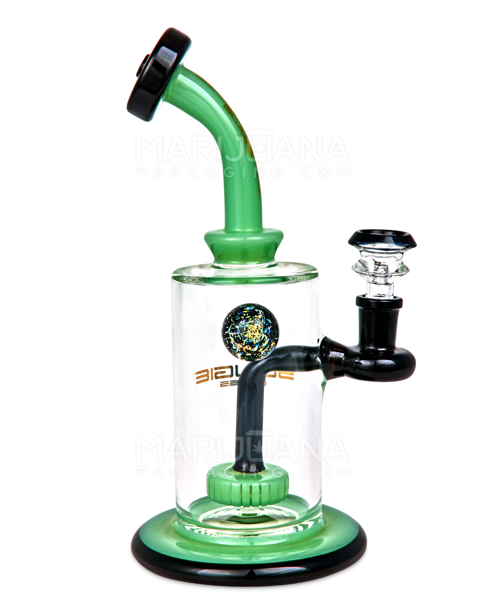 BOUGIE | Bent Neck Showerhead Perc Glass Straight Water Pipe w/ Dichro Marble | 9in Tall - 14mm Bowl - Jade - 5
