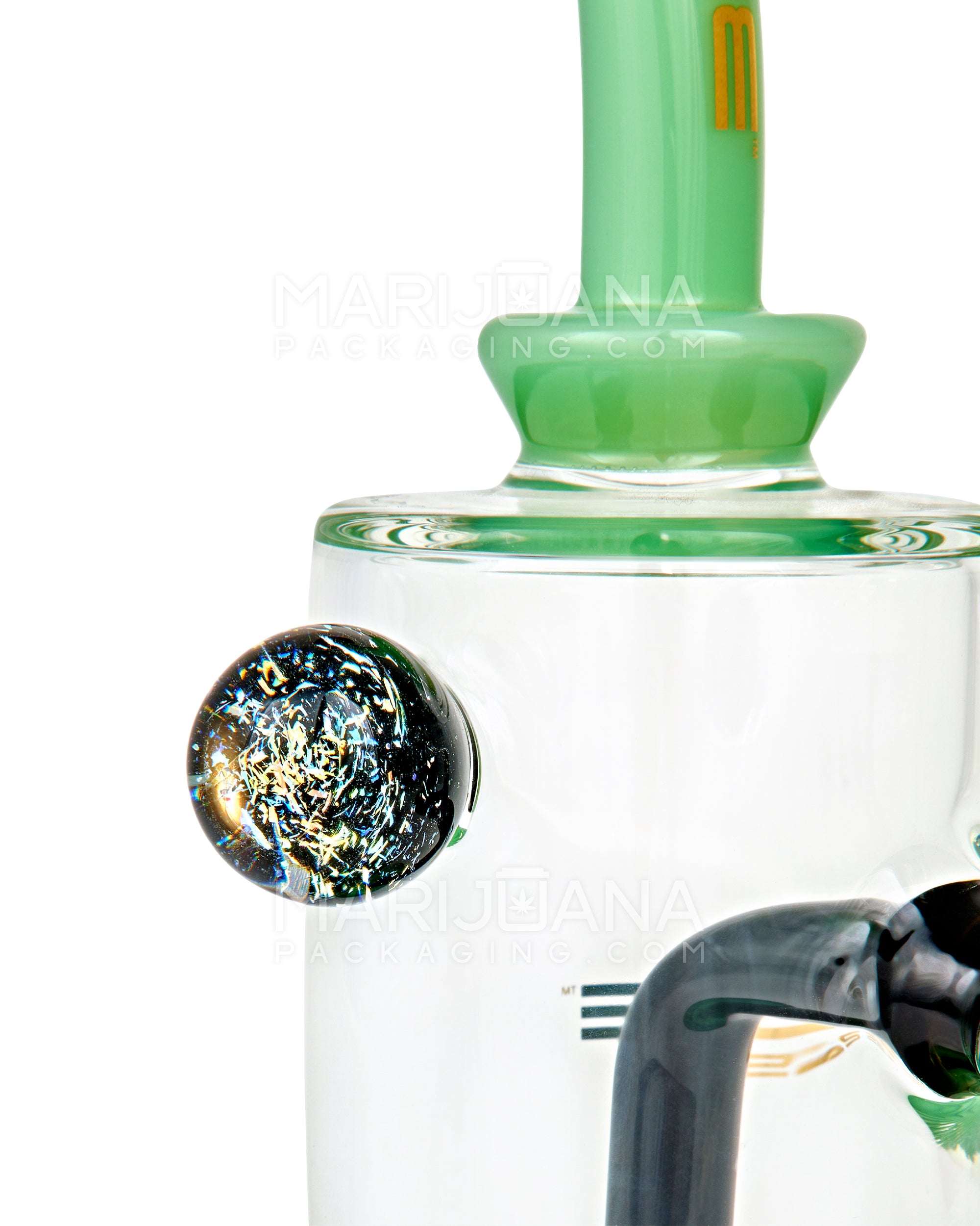 BOUGIE | Bent Neck Showerhead Perc Glass Straight Water Pipe w/ Dichro Marble | 9in Tall - 14mm Bowl - Jade - 10