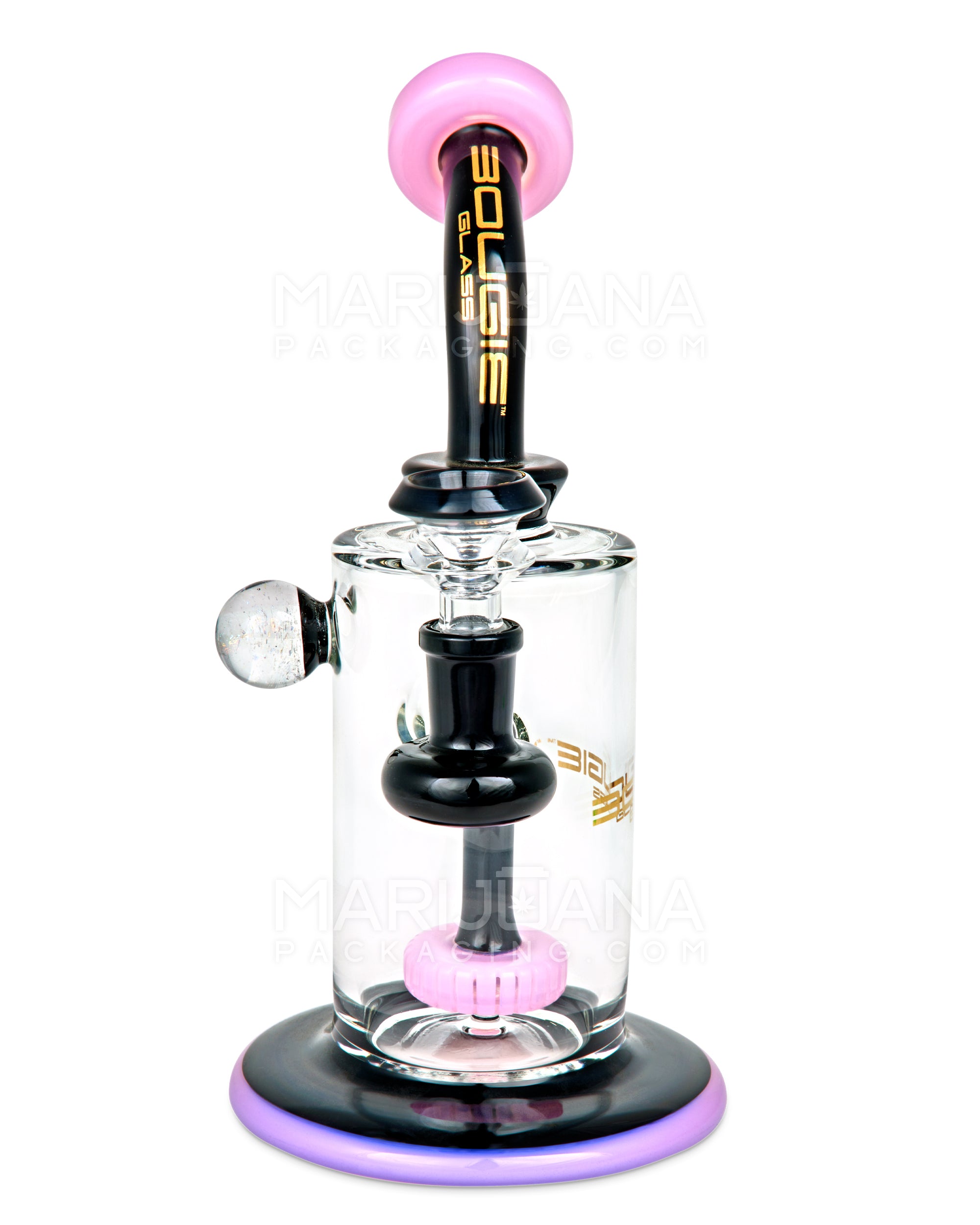 BOUGIE | Bent Neck Showerhead Perc Glass Straight Water Pipe w/ Dichro Marble | 9in Tall - 14mm Bowl - Pink - 1