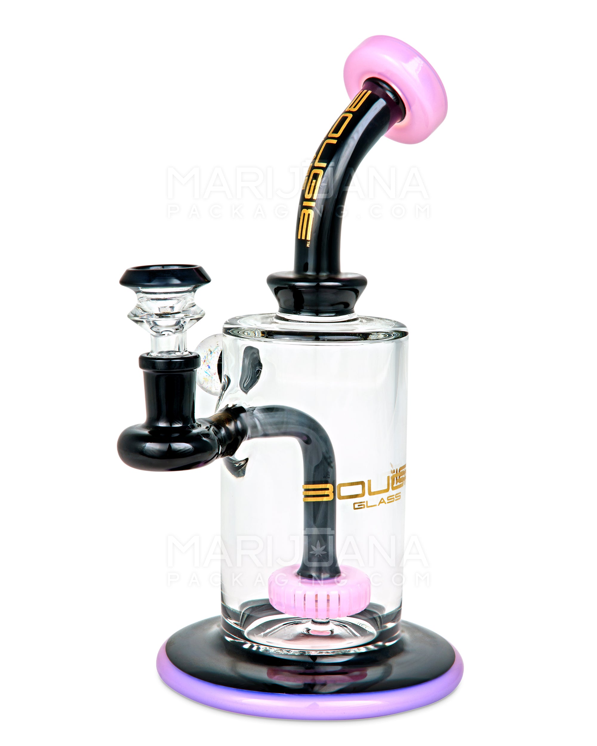 BOUGIE | Bent Neck Showerhead Perc Glass Straight Water Pipe w/ Dichro Marble | 9in Tall - 14mm Bowl - Pink - 2